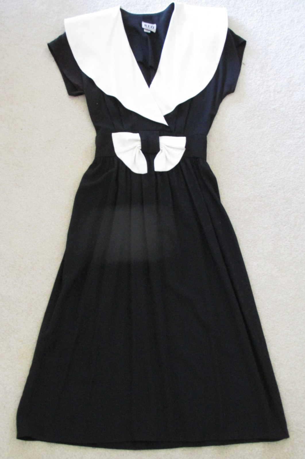 VTG NEW 80s R.E.O ORIGINALS MIDI DRESS-BLACK w LARGE WHITE COLLAR Sz 12 BEAUTY!