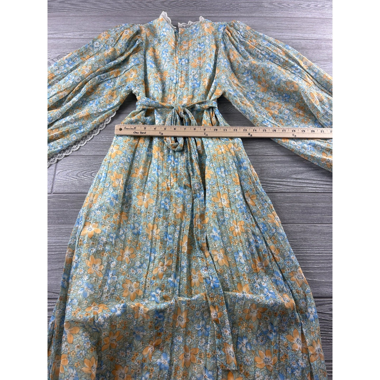 Vintage Floral Pleated Maxi Dress Blue Orange Lace Trim Balloon Sleeve Size 7