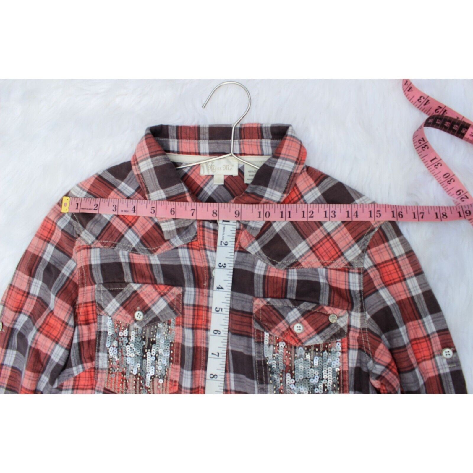 Y2K Vintage Miss Me Plaid Button-Down Shirt Dress W/ Sequin Pockets Size S