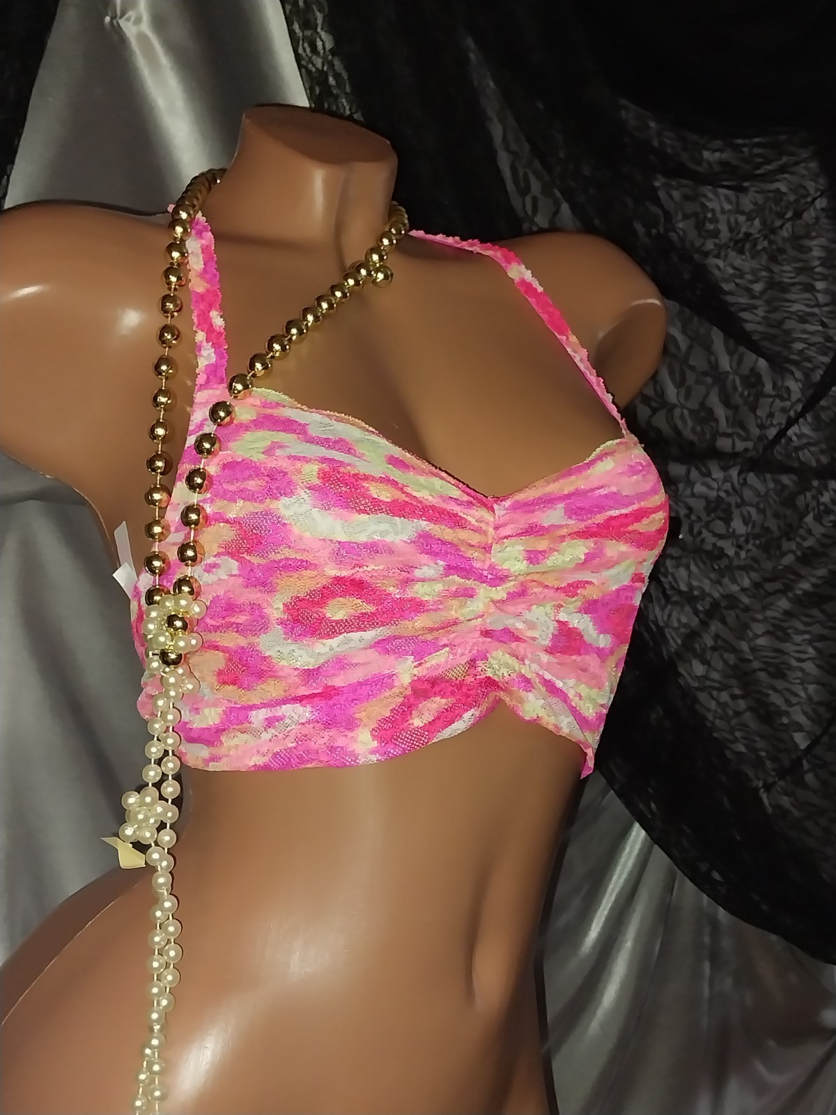 Vtg PINK VS Floral Neon Mesh Nylon Silky Rouched Bralette Lacy Bra NEW M Couette