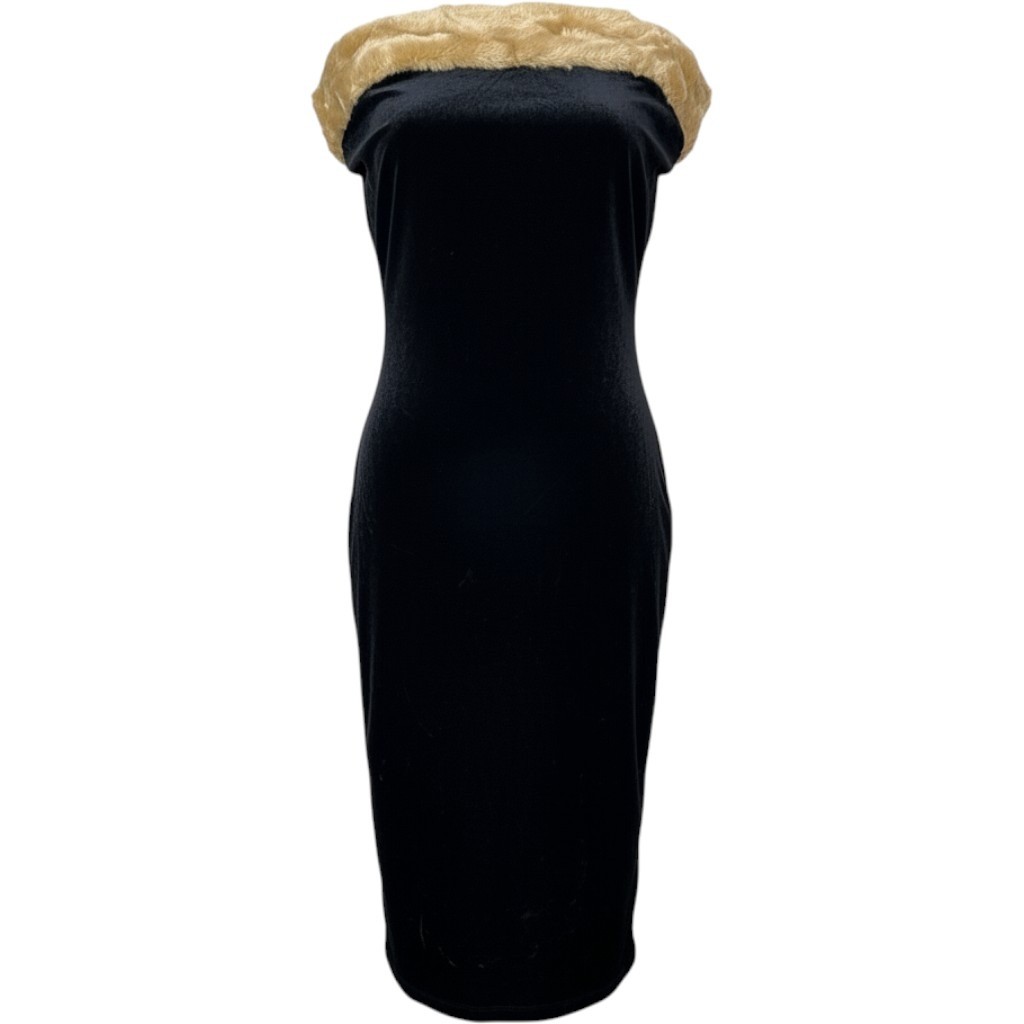 Fredericks of Hollywood Vintage Black Velvet Faux Fur Trim Tube Dress Medium