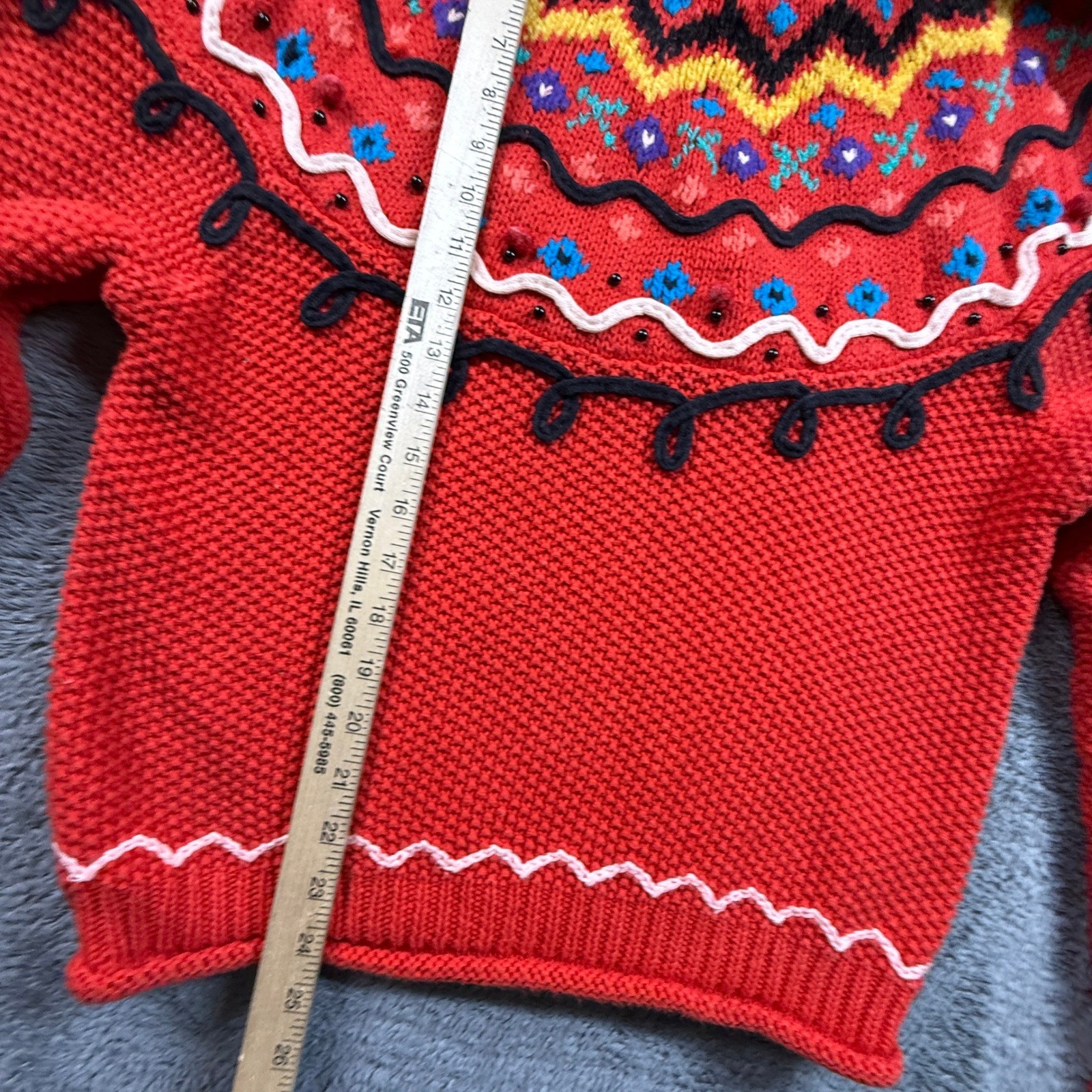 Chaus Knit Sweater Womens S Red Excellent Vintage Embroidered Holiday Chunky