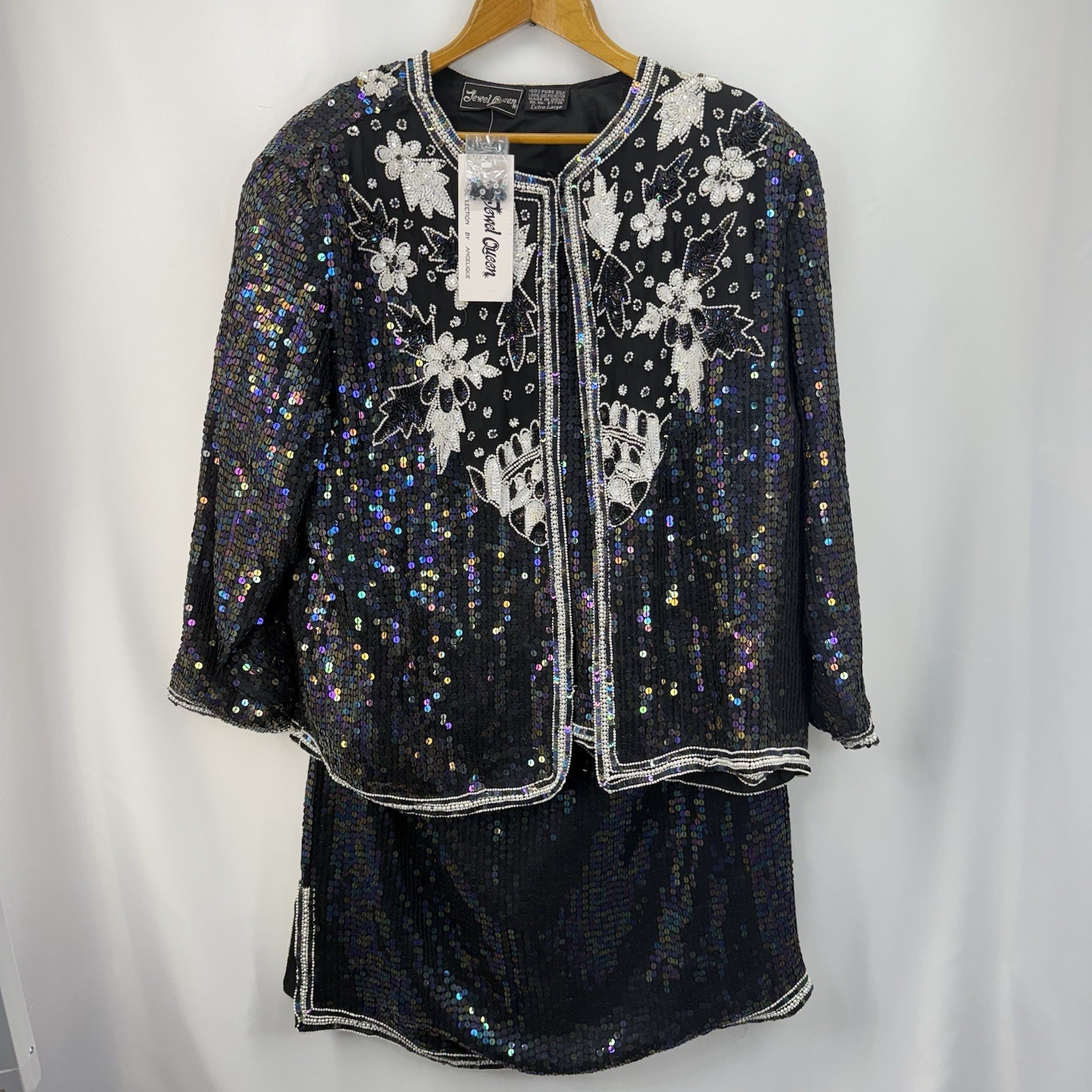 Vintage Beaded Sequin Silk Skirt Set Glam Art Deco Eveningwear Jewel Queen XL