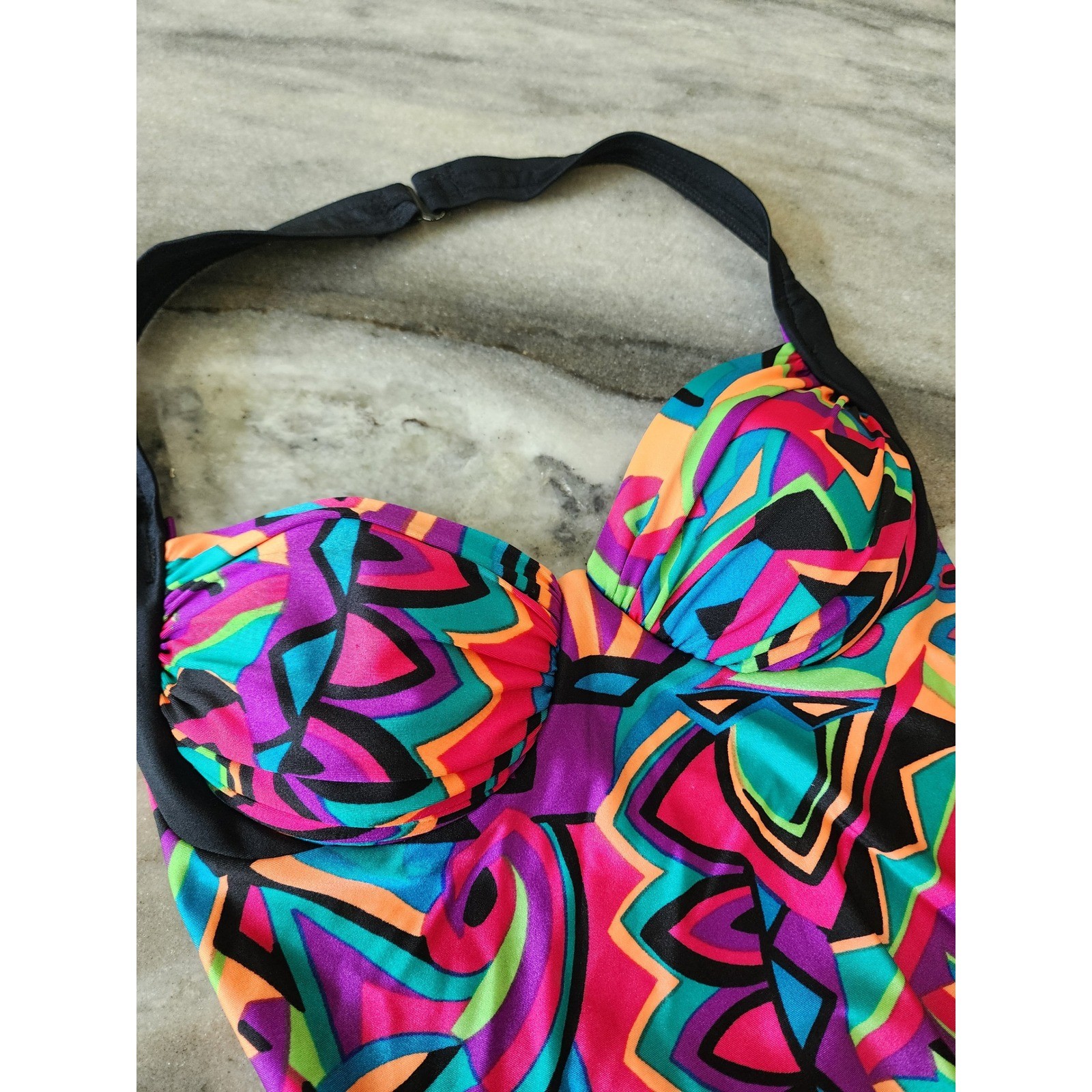 VTG 90s Coastal Zone Jantzen Neon Abstract Geometric One Piece Swimsuit Halter