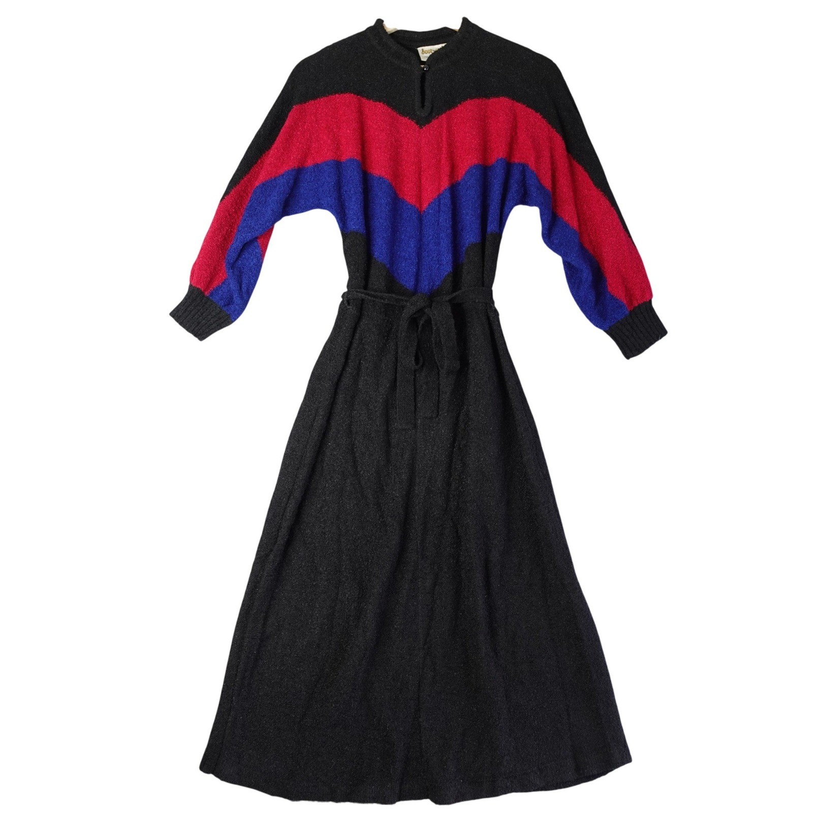 Vintage Dress Womens M Black Pink Blue Chevron Knit Belted Boucle Midi Retro Mod