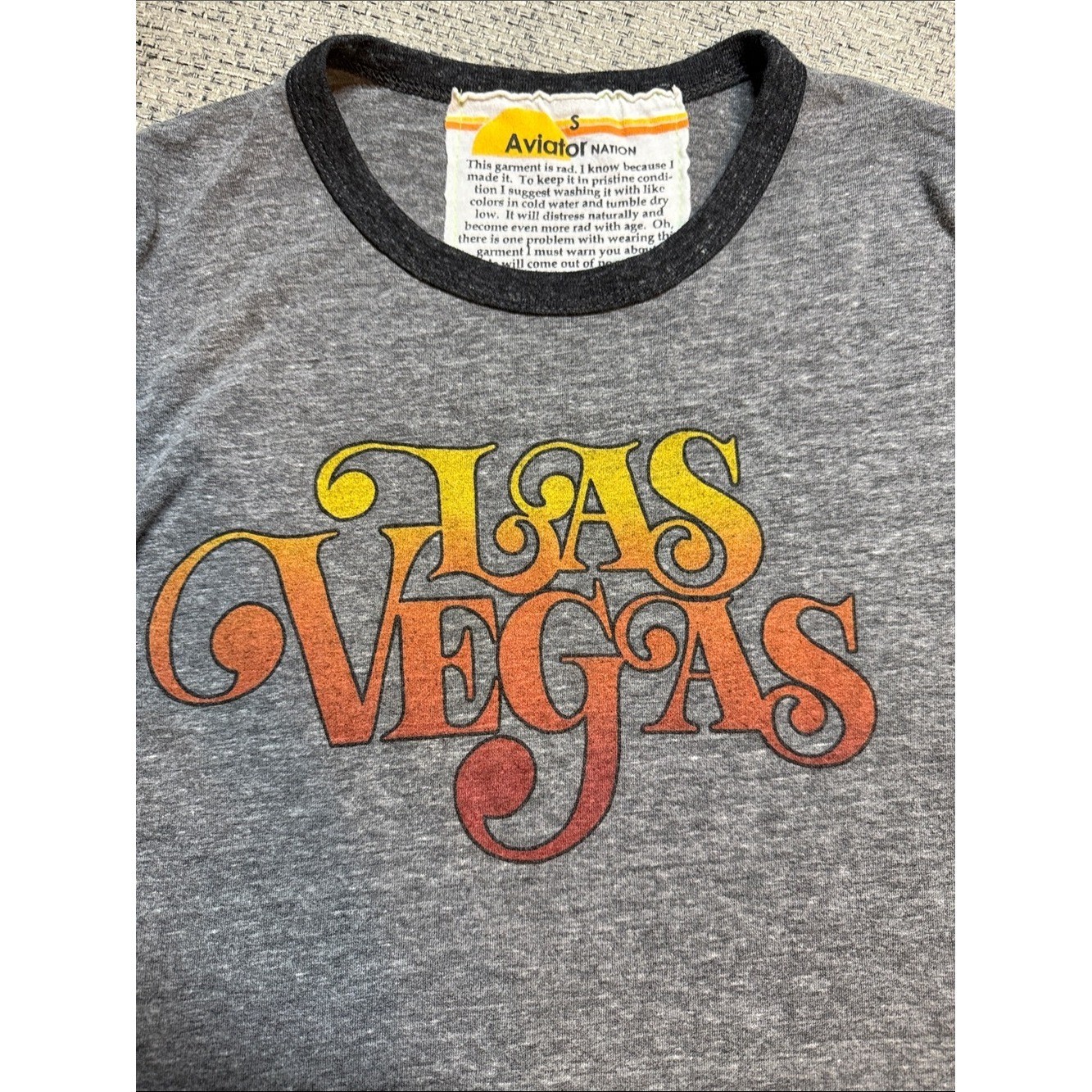 VTG Aviator Nation Las Vegas Boyfriend Tee Heathered Gray Black Trim Small