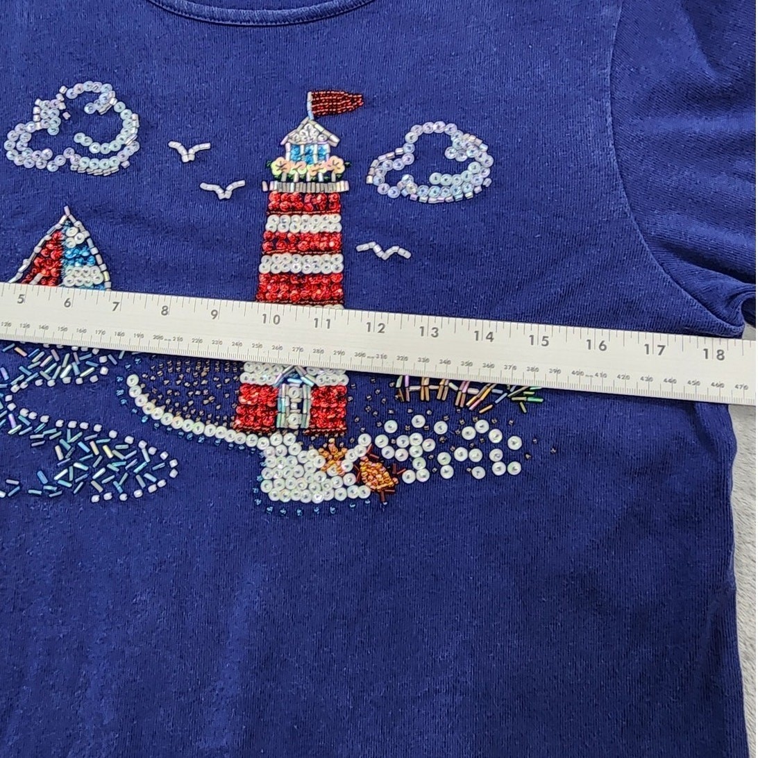 Vintage Quacker Factory Top Womens XS Blue Beaded Sequins Lighthouse Nautical