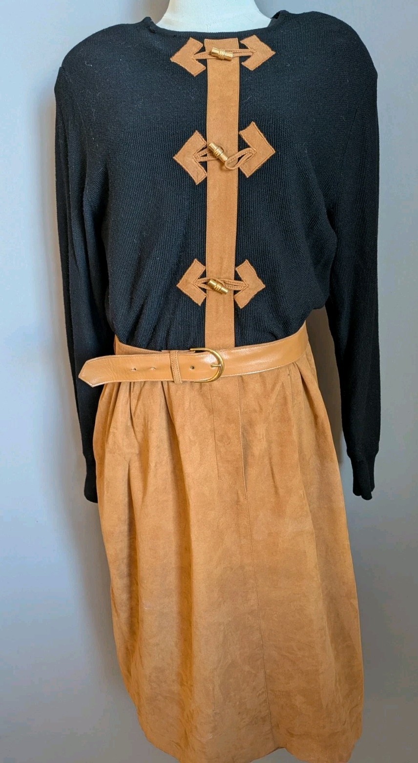Vintage Ciao Ltd Black Knit Dress With Vegan Suede Skirt Belted 80s Western 14