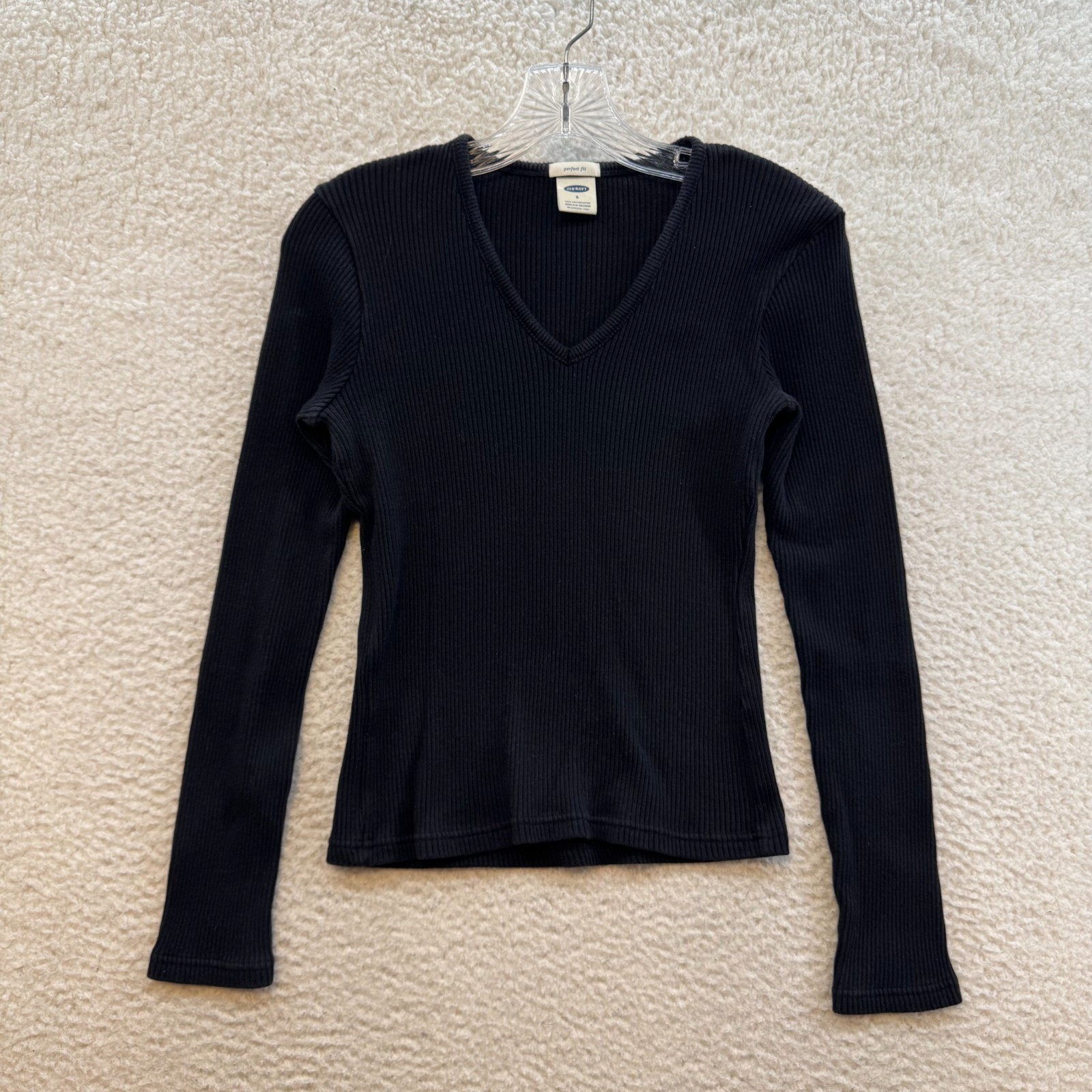 Y2K Vintage Black Long Sleeve Top XS Small Rib Knit V-Neck Basic Minimalist