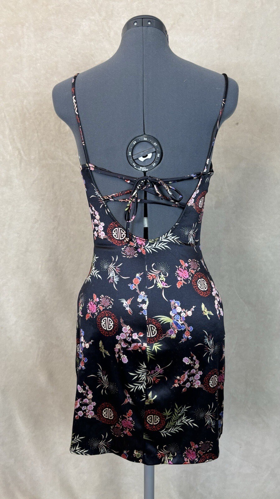 Vtg Y2K Slip Dress Black Oriental Pattern Hot Kiss Sz Small Lace Up Back