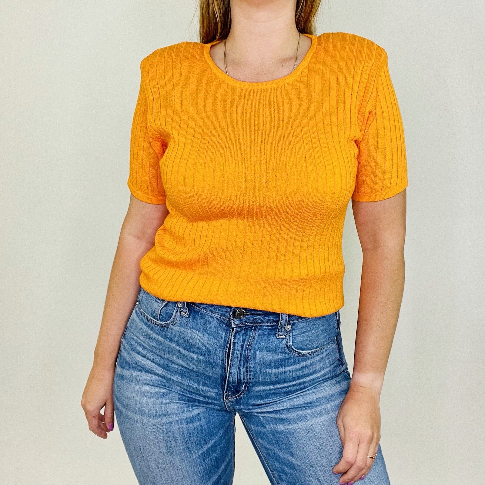 Vintage 90s David Hollis Ribbed Orange Short Sleeve Sweater Blouse Medium Womens