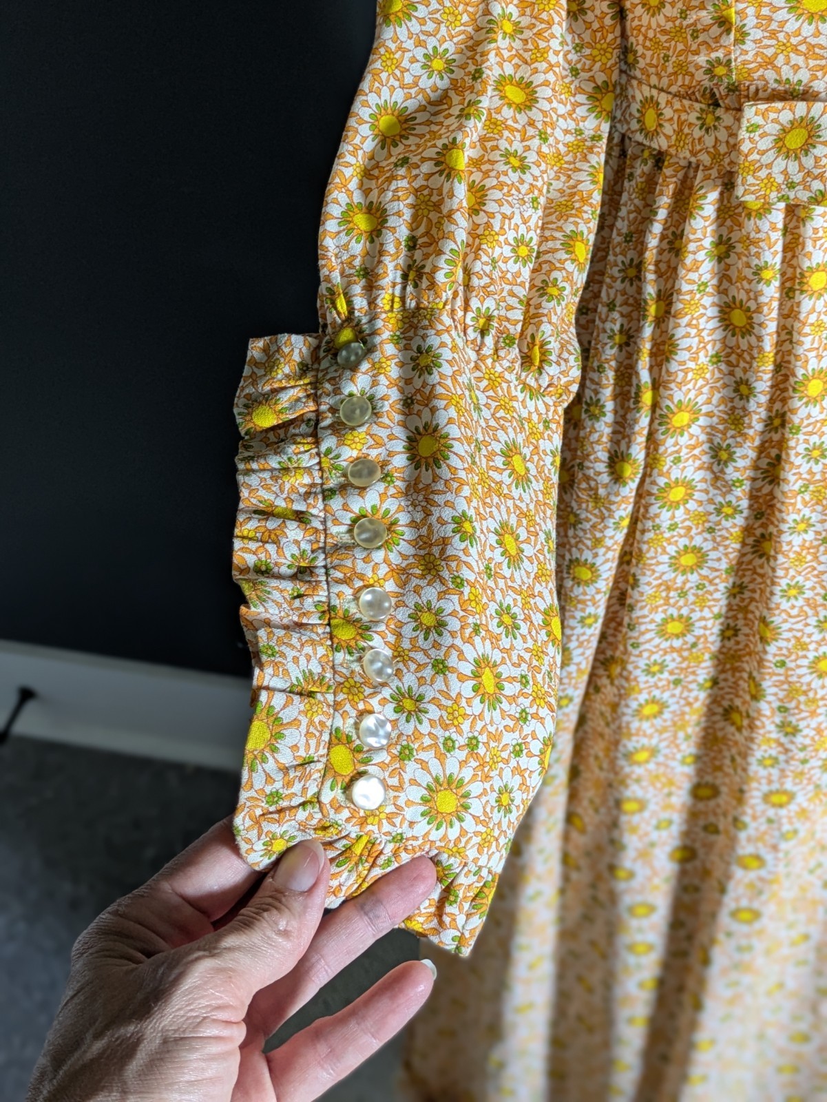 Vtg 1970 Psychedelic Floral Prairie Hostess Dress Yellow Orange Daisy Print Maxi