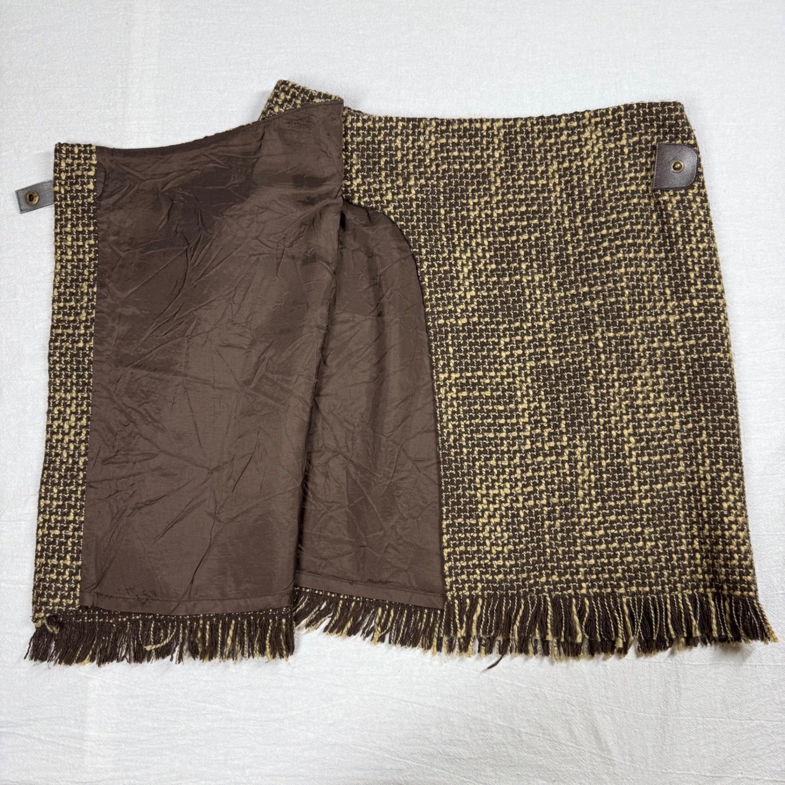 British Khaki Wool Blend Fringe Wrap Skirt Size 4 Brown Tweed Vintage Heritage