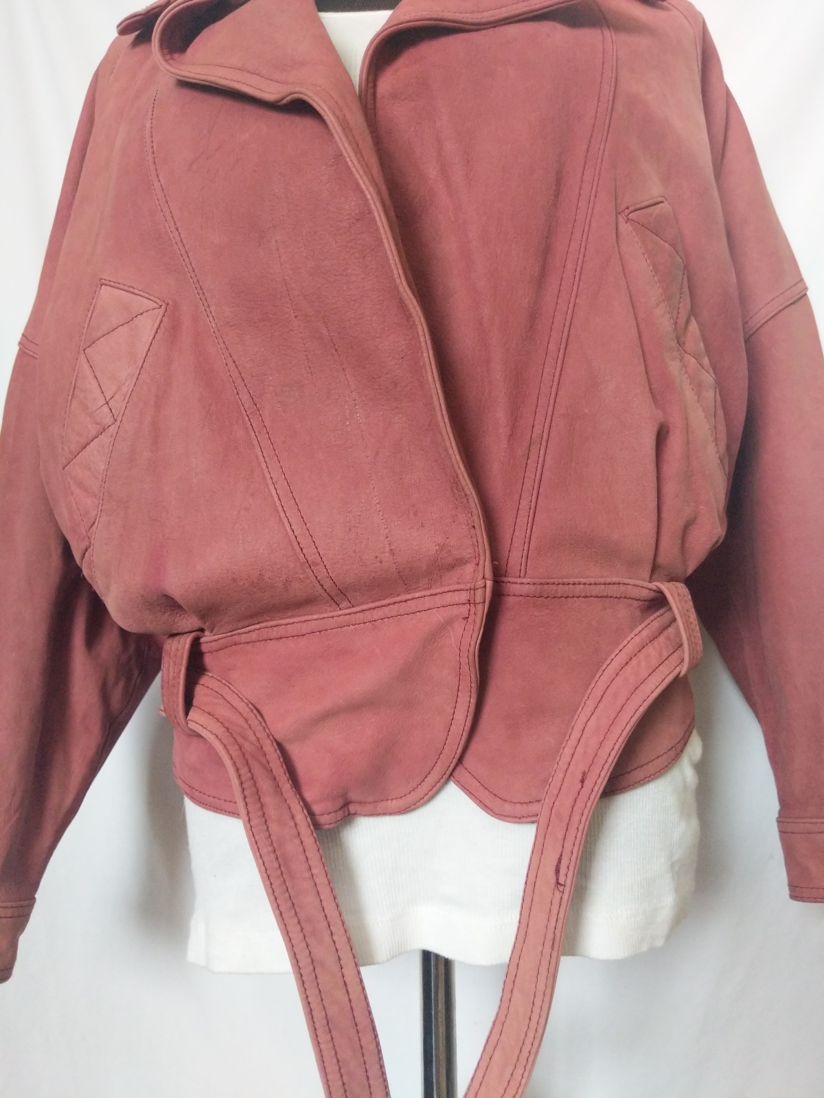Vintage Maggie Lawrence Rose Pink Mauve Belted Leather Jacket Size Small EUC