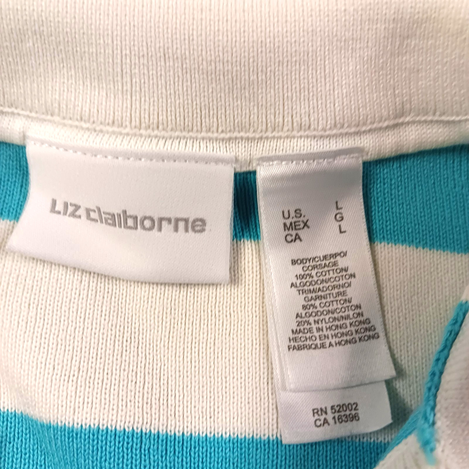 Vintage 90’s Liz Claiborne Top Large Turquoise White Striped Beachy Coastal