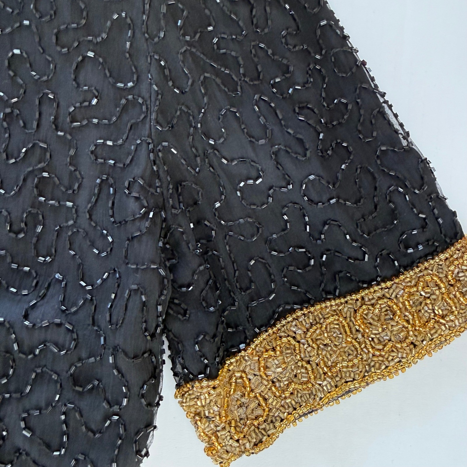 Laurence Kazar Vintage Beaded Silk Top Black Gold Evening Blouse Small Short Slv