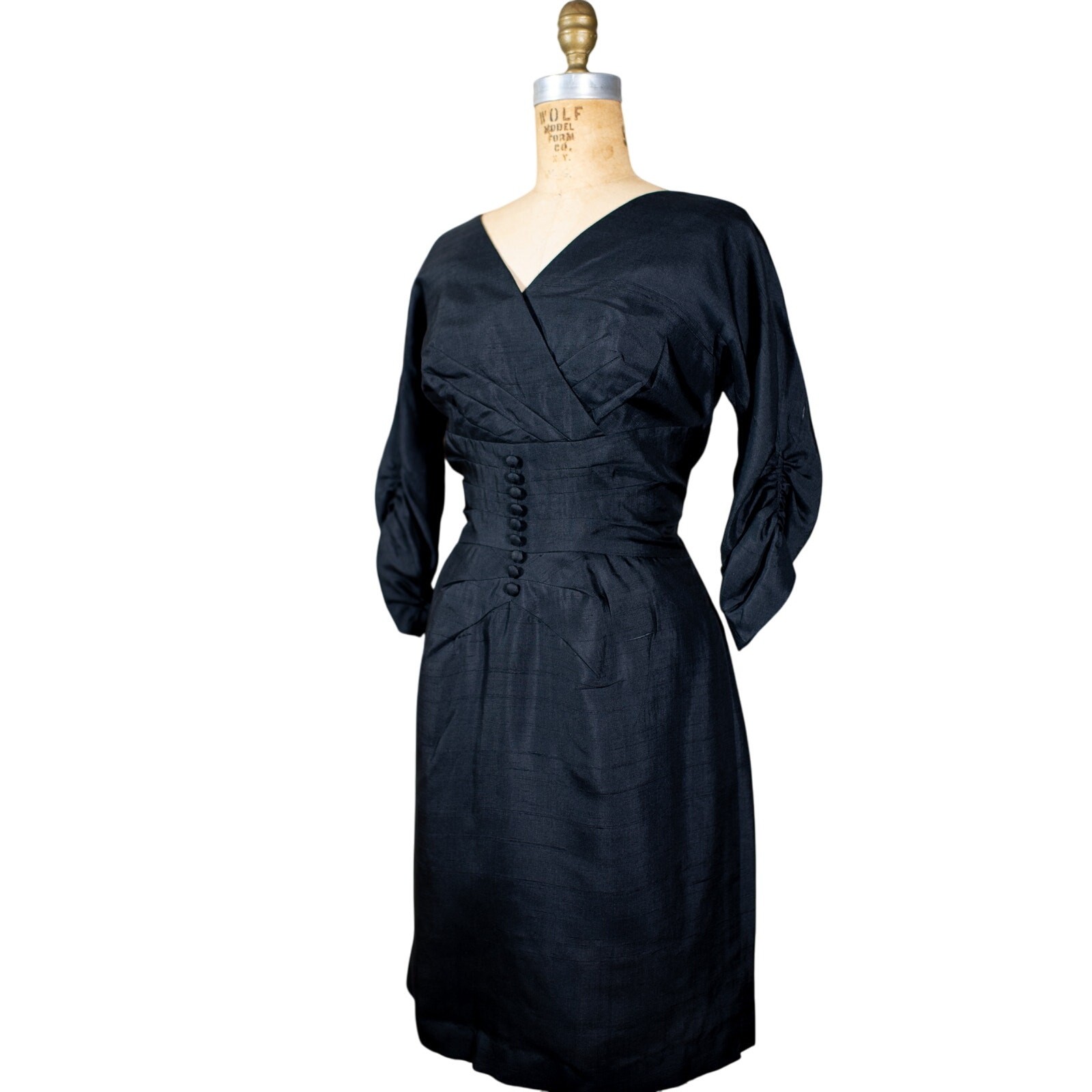 Vintage 50s Black Dupioni Silk Cocktail Dress, Wiggle LBD Glam Pinup Party, Med