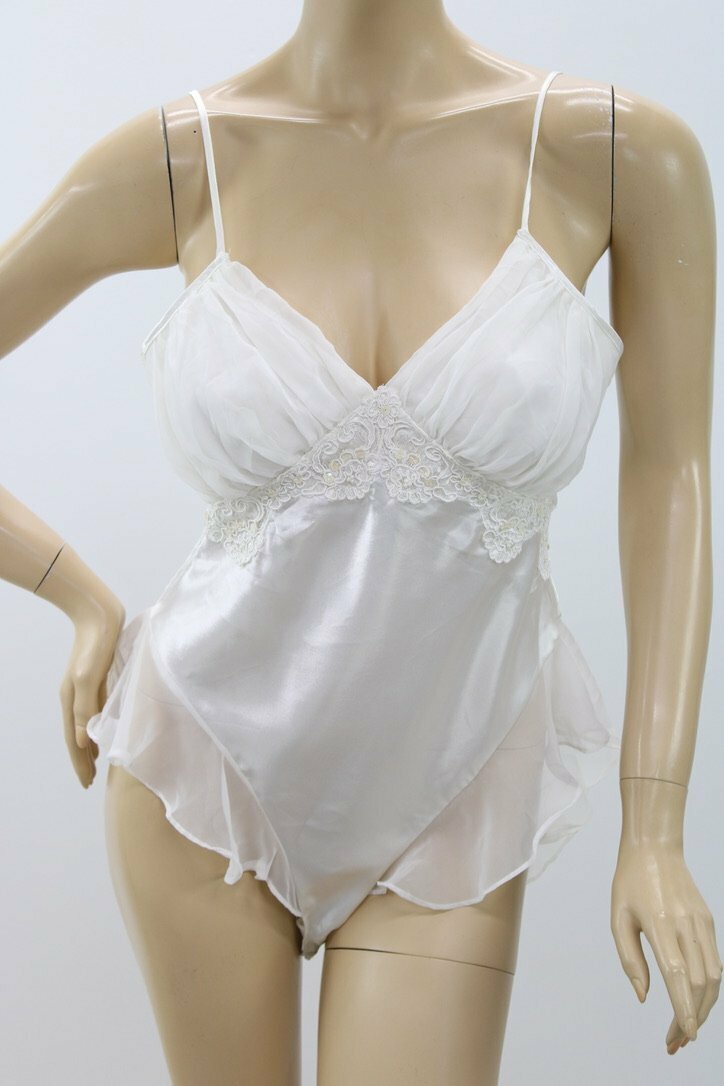 Vintage Victoria’s Secret size M Shiny Satin Teddy Chiffon Flutter Bridal Lace