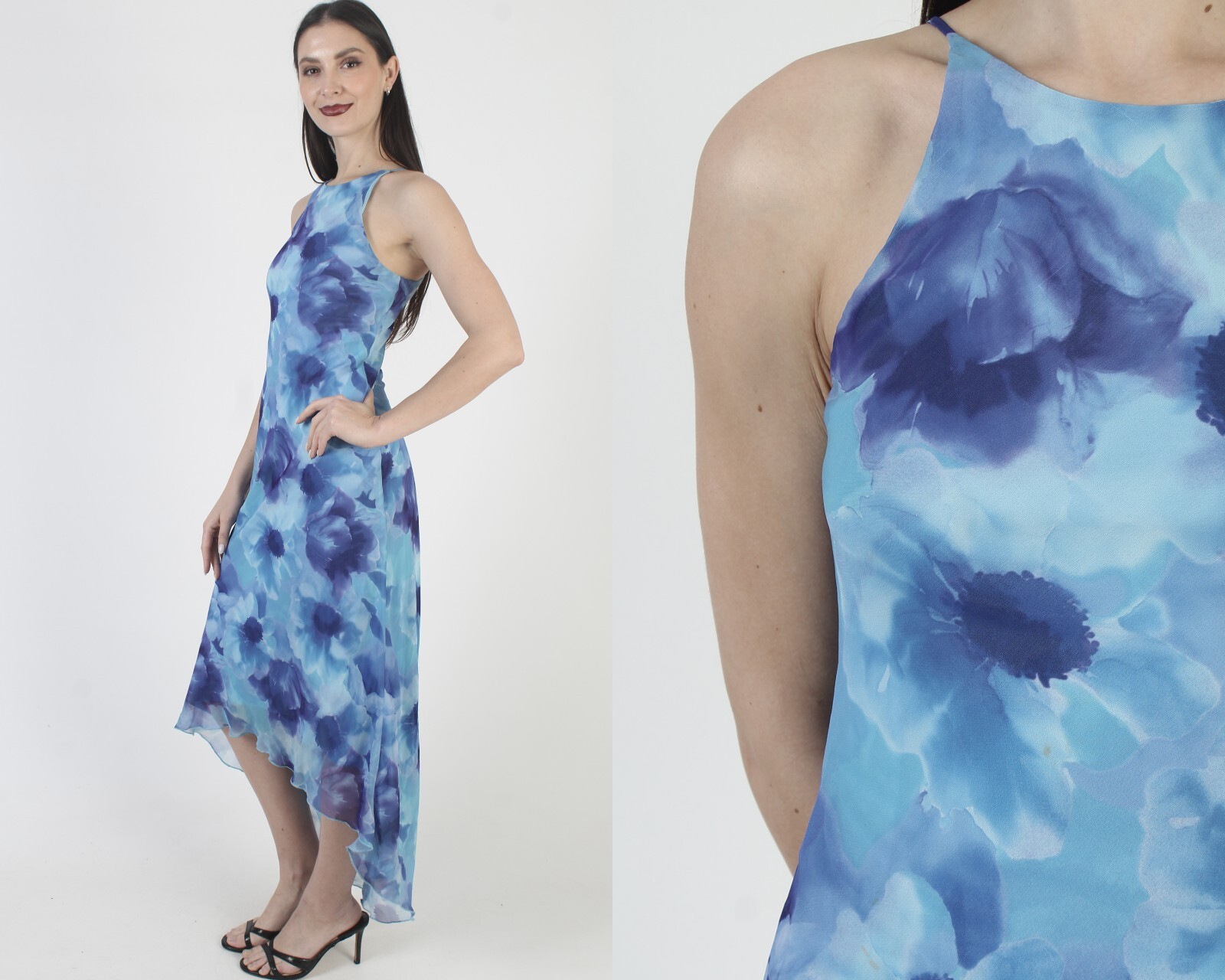 Vtg Y2K Blue Floral Dress Asymmetrical Hi Low Fishtail Hem Romantic Asym Maxi