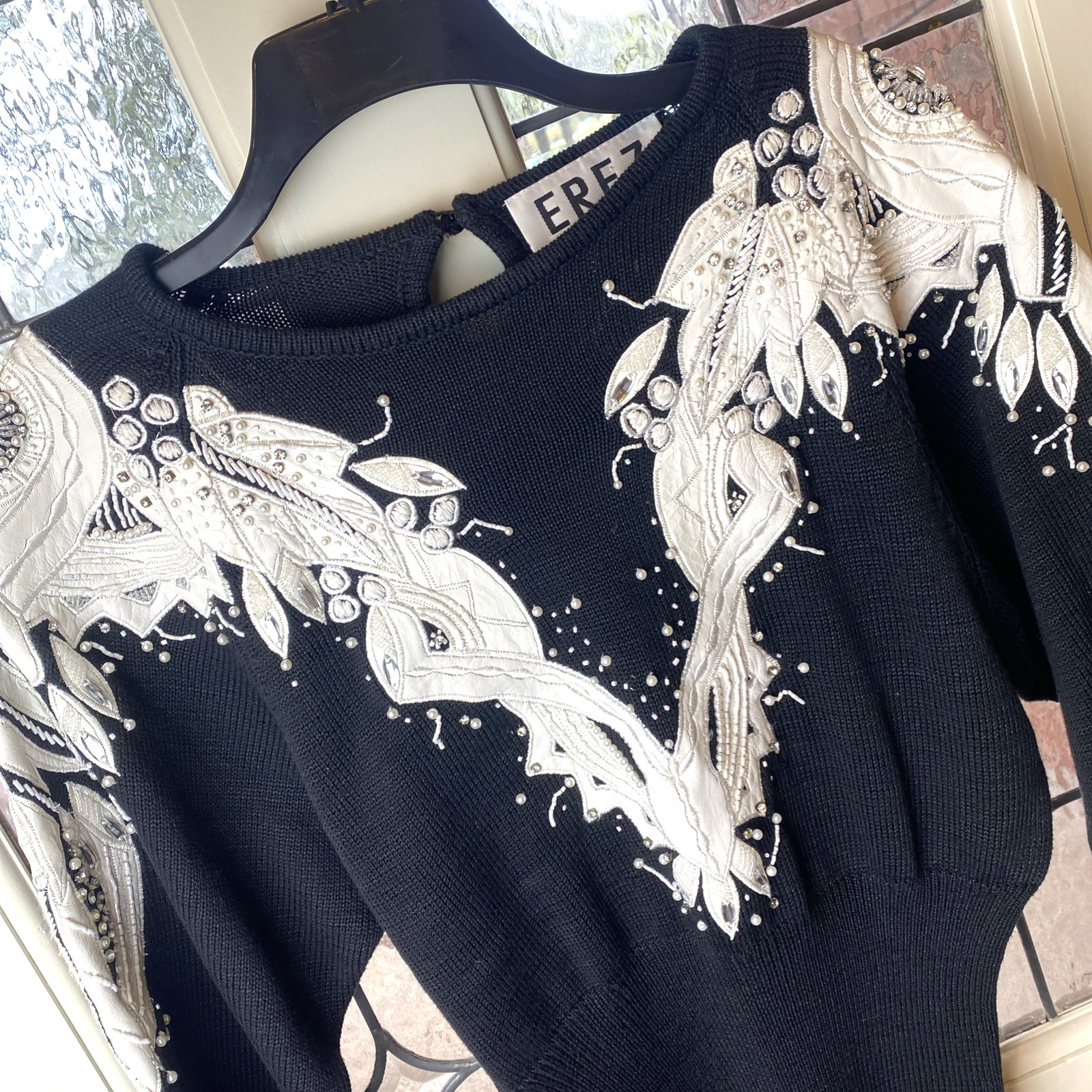 Vtg Erez Womens Blk/White Sweater Holiday Old Money Leather & Snake Skin sz S