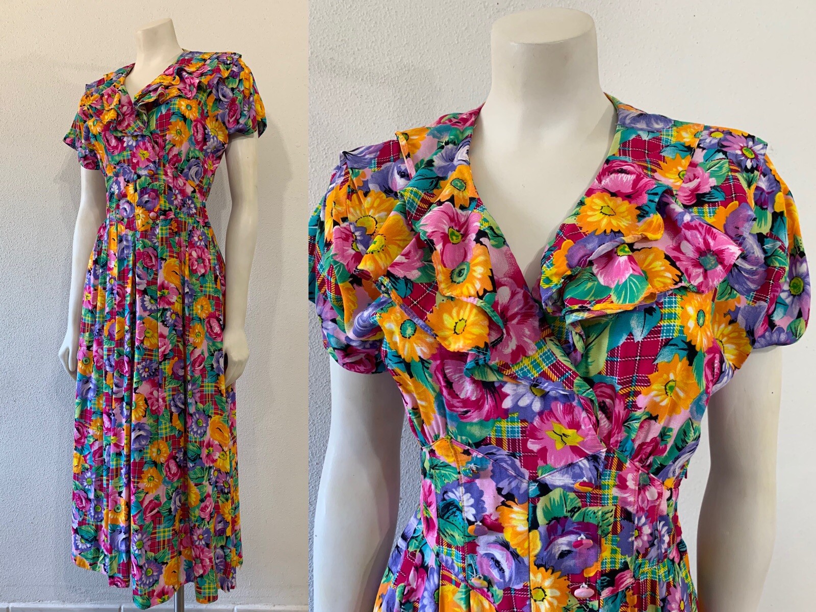 Vintage 90s Dress Colorful Floral Sundress Dawn Joy Fashions Retro Full Skirt