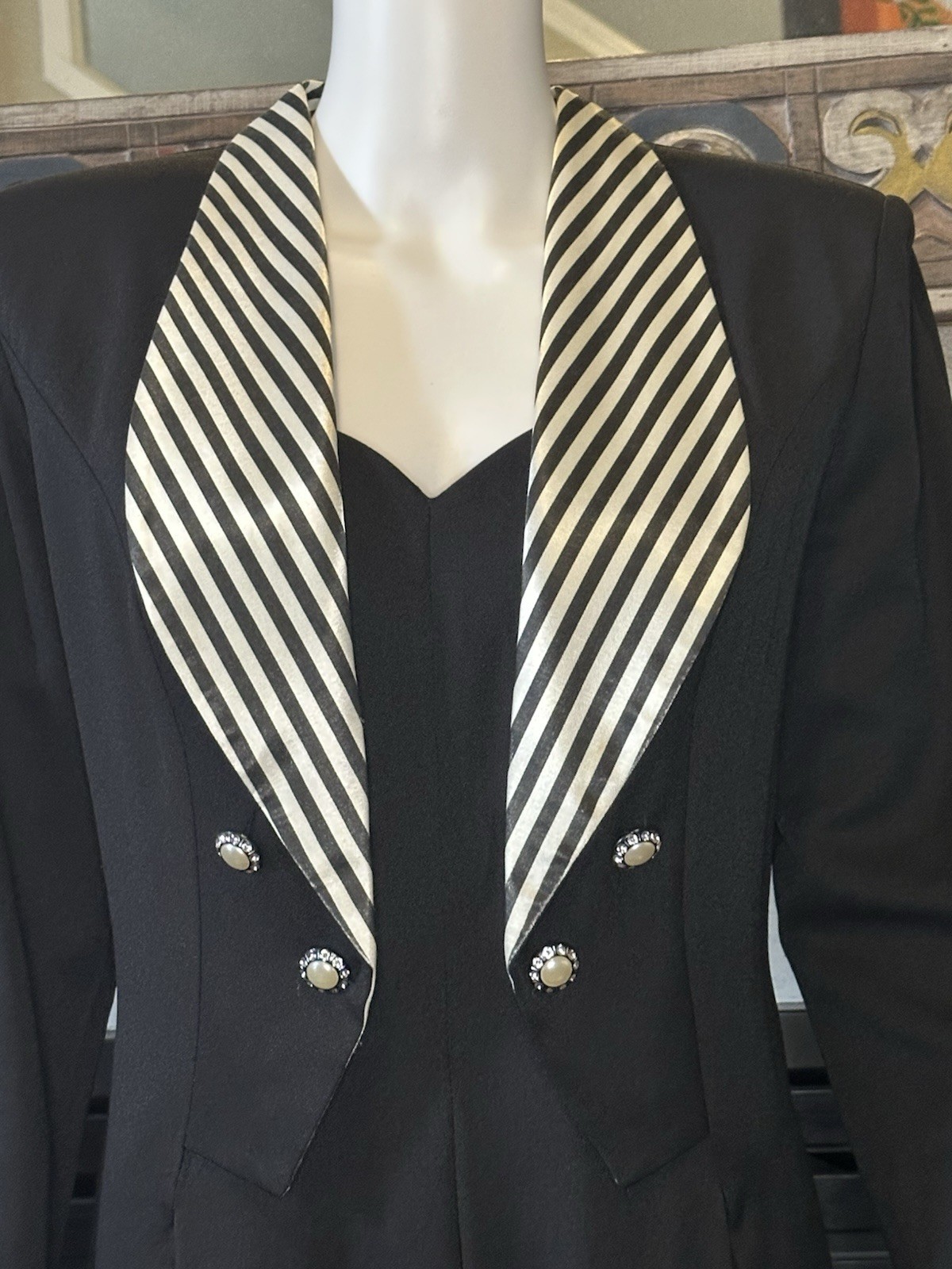Vintage Black Striped Shawl Collar Wide Leg Palazzo Tie Back Tuxedo Jumpsuit