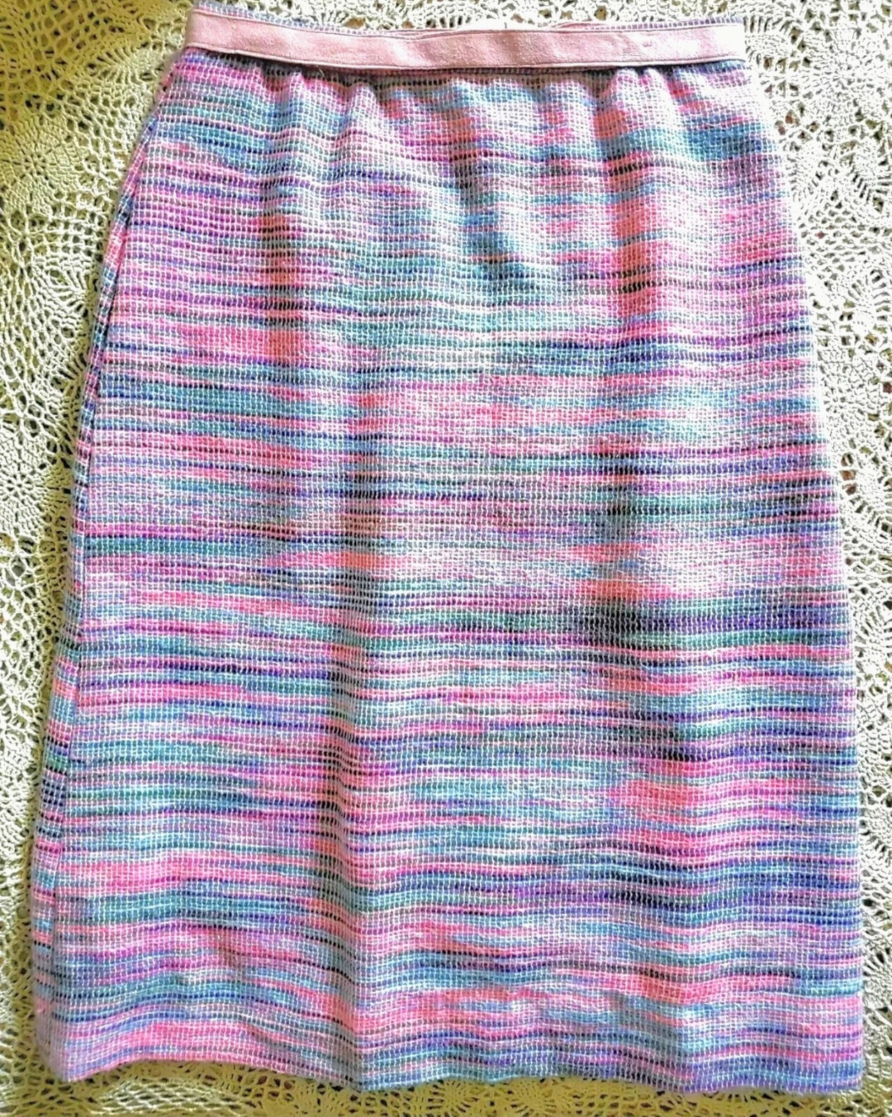 VTG 70s Striped Woven Pastels Midi Skirt w/Ultra Suede Rose Belt S