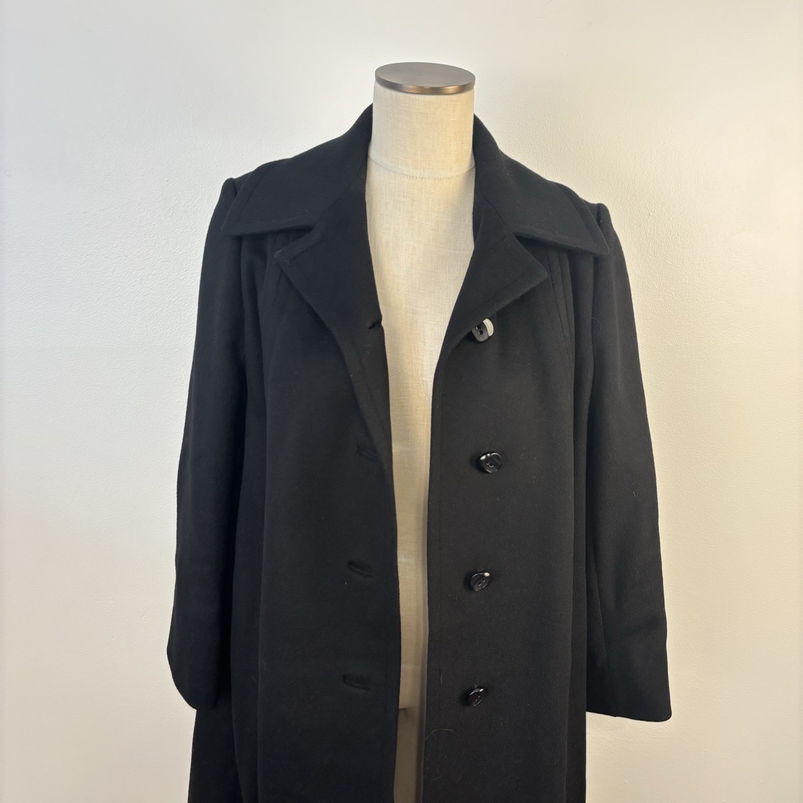 VTG 1960s Stevens Forstmann Black Wool Swing Coat Mod Jacki O Style Quiet Luxury