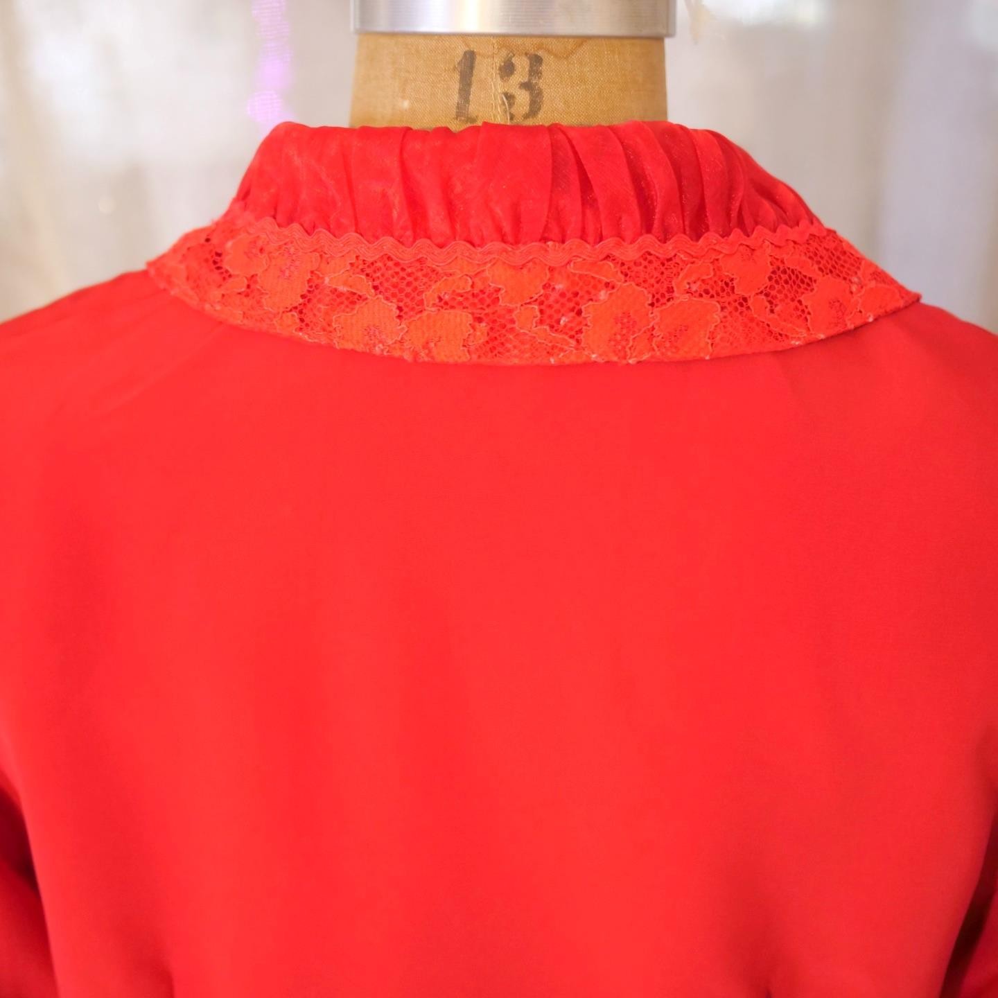 Vintage 60s OLEG CASSINI Burma Mod Red Blouse Top Lace Organza Portrait Collar M