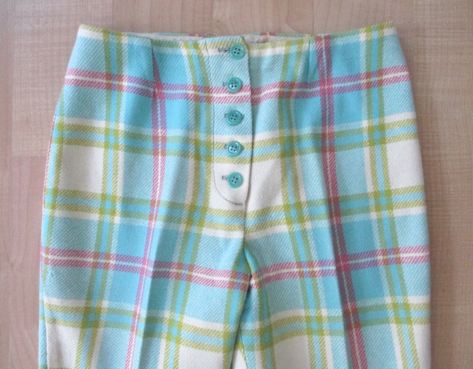 Vtg 60s Mod Blue Pink Green Plaid 2-Pc Bell Bottom Flare Leg Vest Pant Suit 7