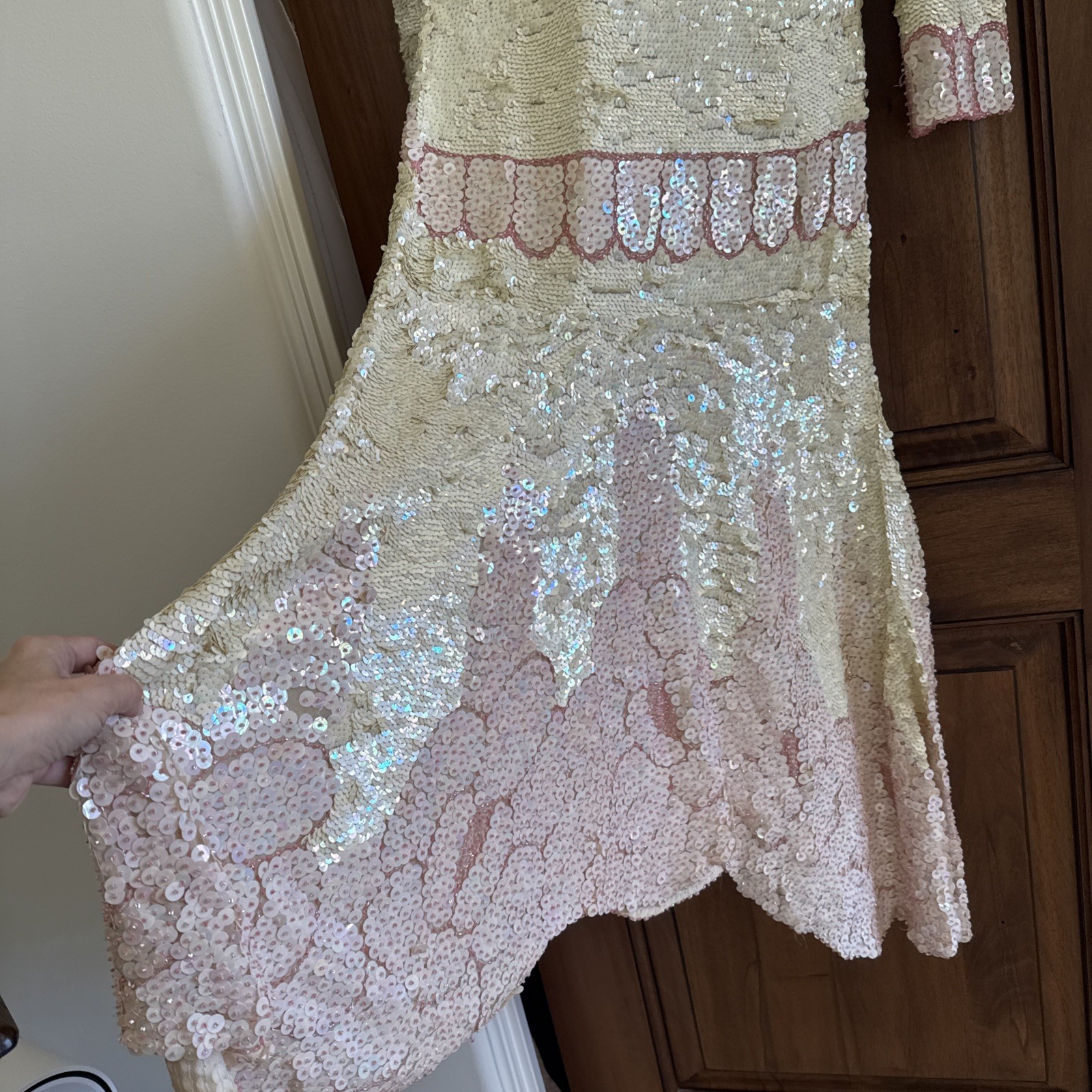Vintage 80s Jenny Lewis London 100% Silk Sequin Dress Art Deco Handkerchief Hem