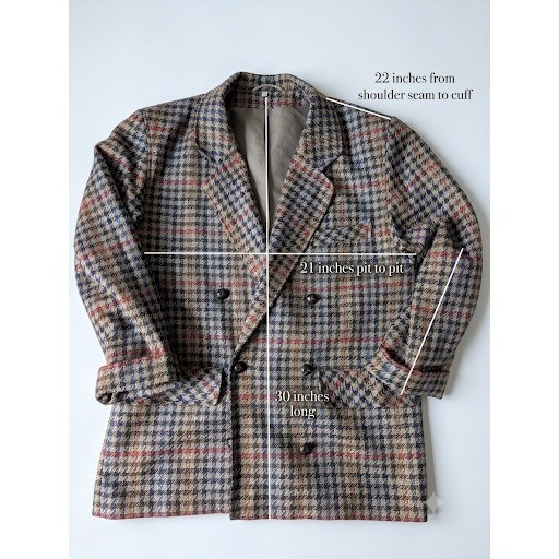 Vintage Pure New Wool Double Breasted Houndstooth Plaid Blazer Tan Blue Red