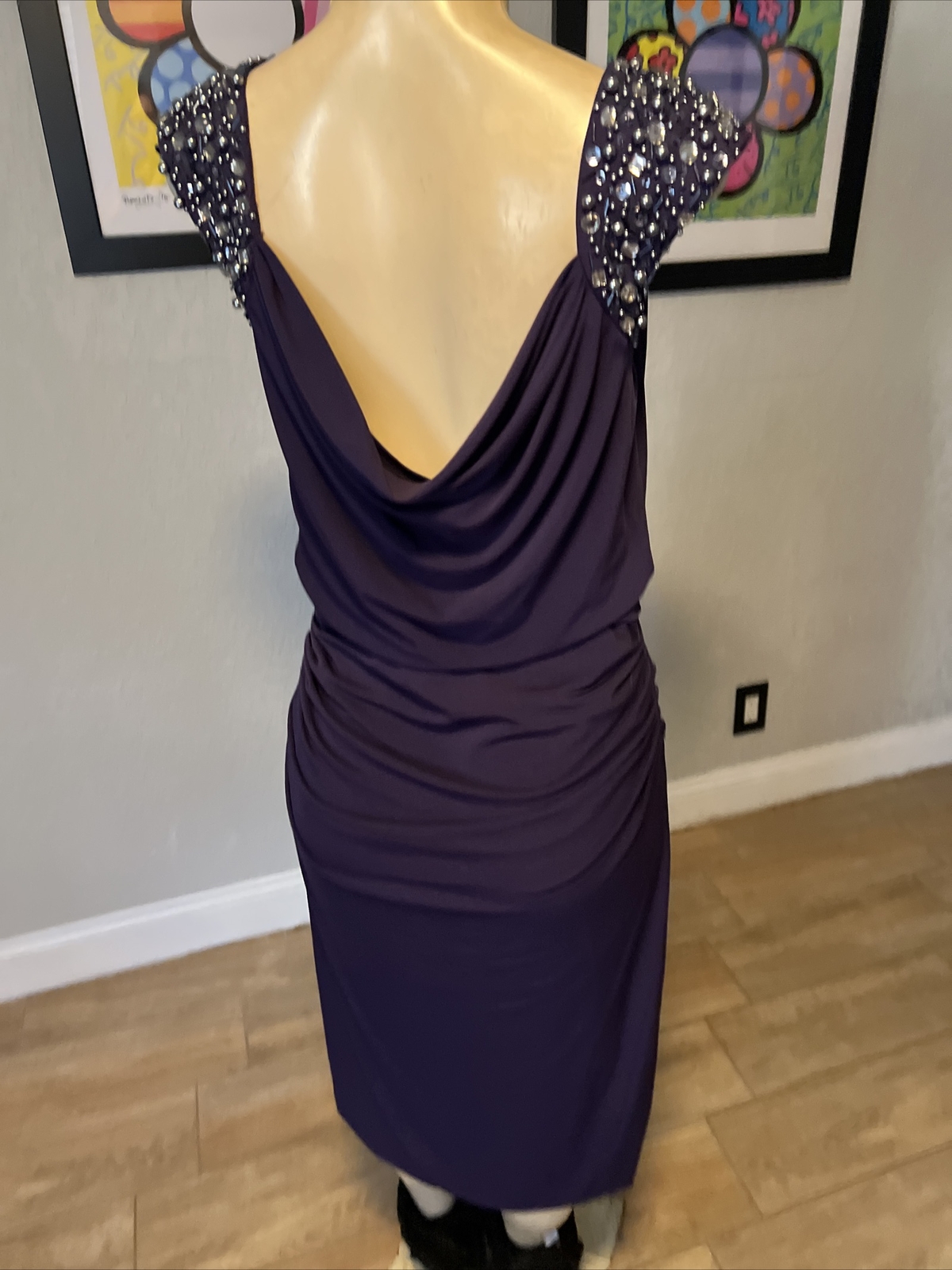 VTG MAGGY LONDON PURPLE RUCHED W/BEADED GEMS SHORT SLEEVES DRESS STUNNING xb8