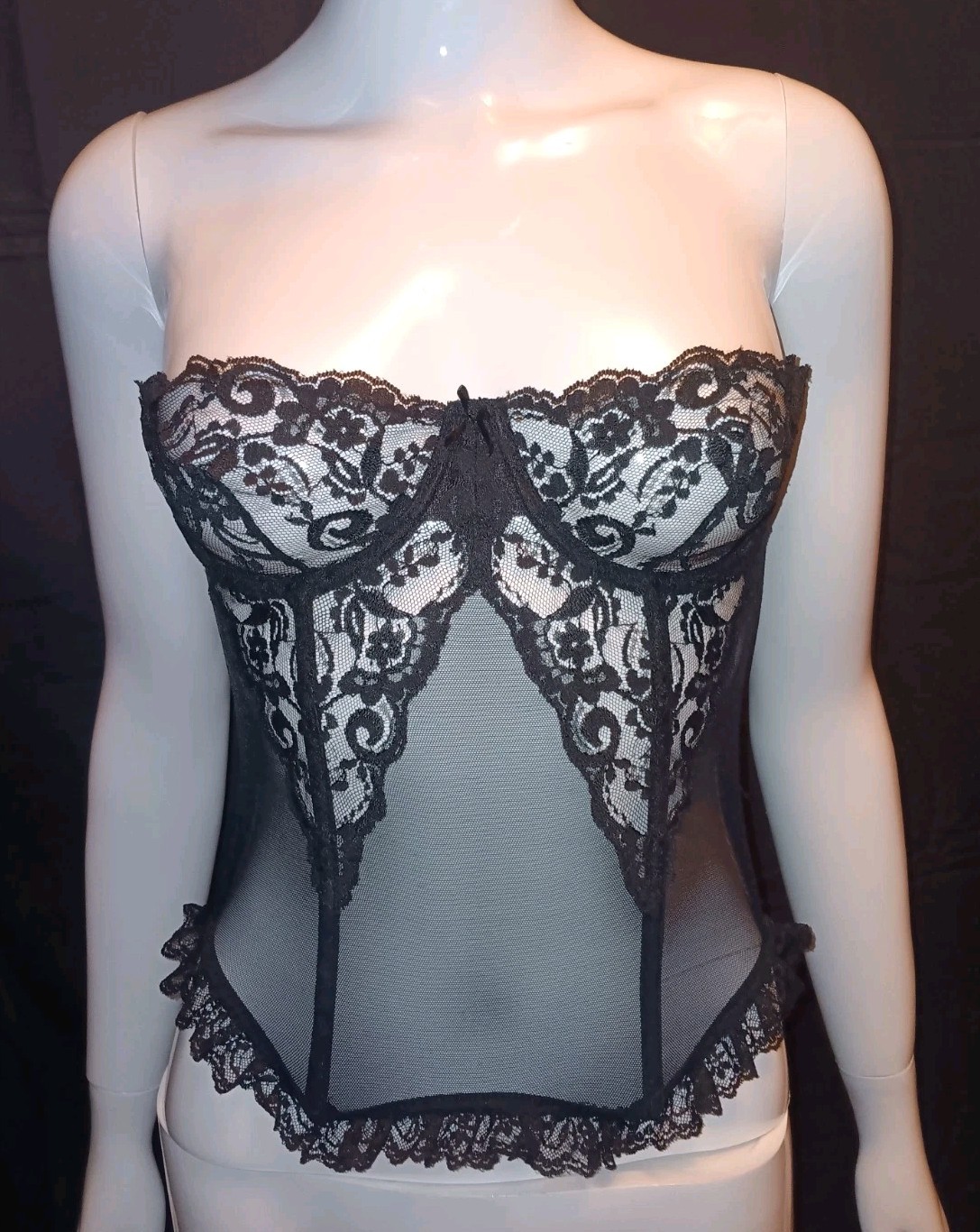 90s Victoria’s Secret Black Sheer Lace Corset Top Boned Bustier Floral 36B VTG