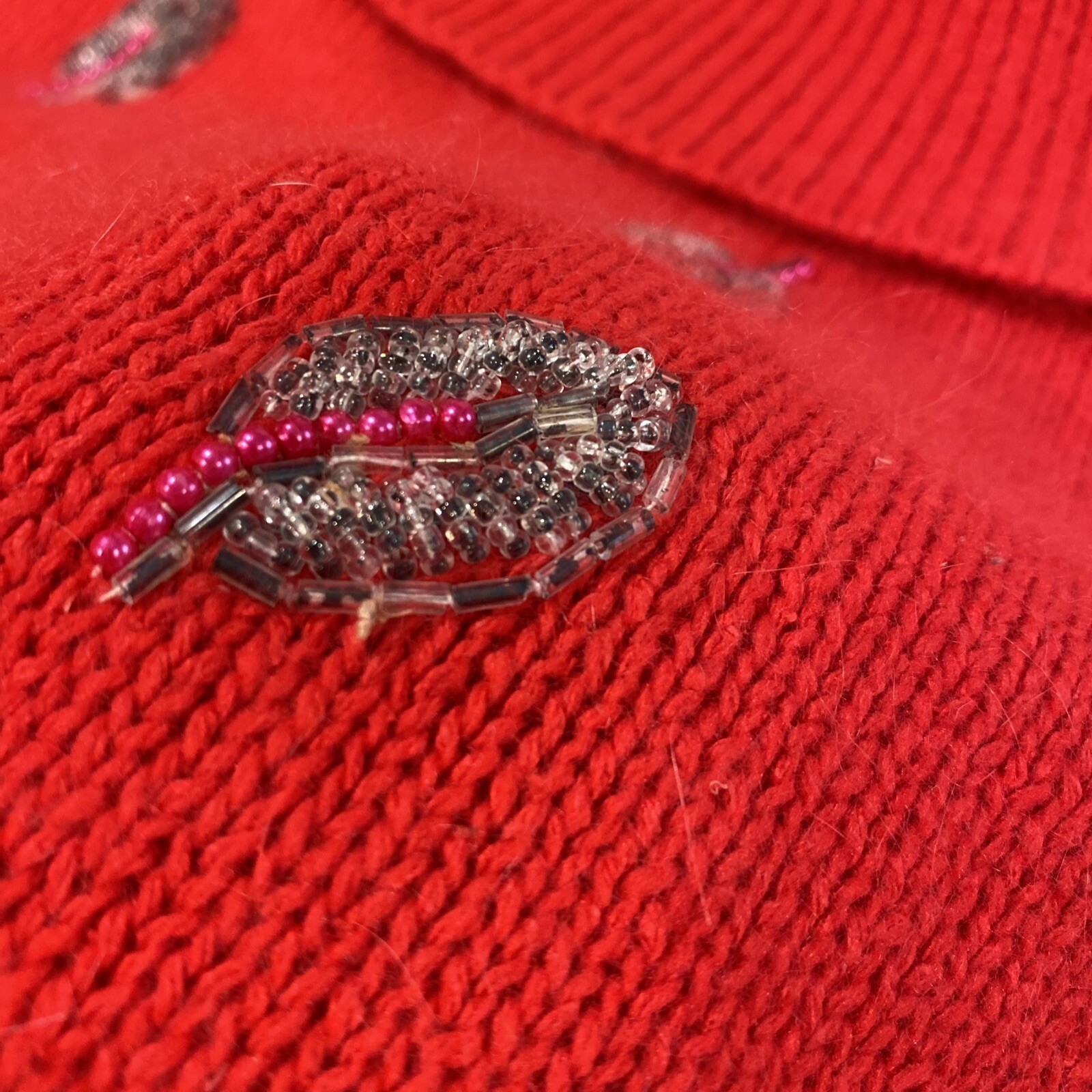 VTG Red Silk Angora Blend Hand Beaded Leaf Portrait Collar Sweater Large