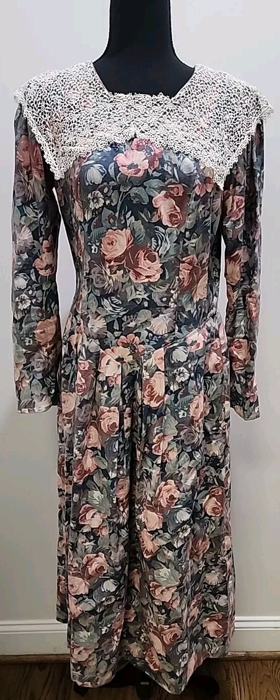 VTG LAURA ASHLEY UK-MADE FLORAL Wool DRESS LACE COLLAR Cottage Core Size 12