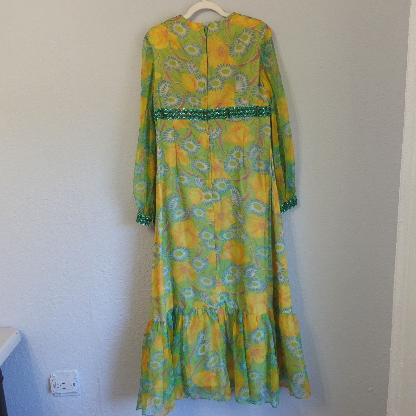 Vintage Boho Hippie Handmade Floral Maxi Dress Green Yellow Sequin 60s 70s Large