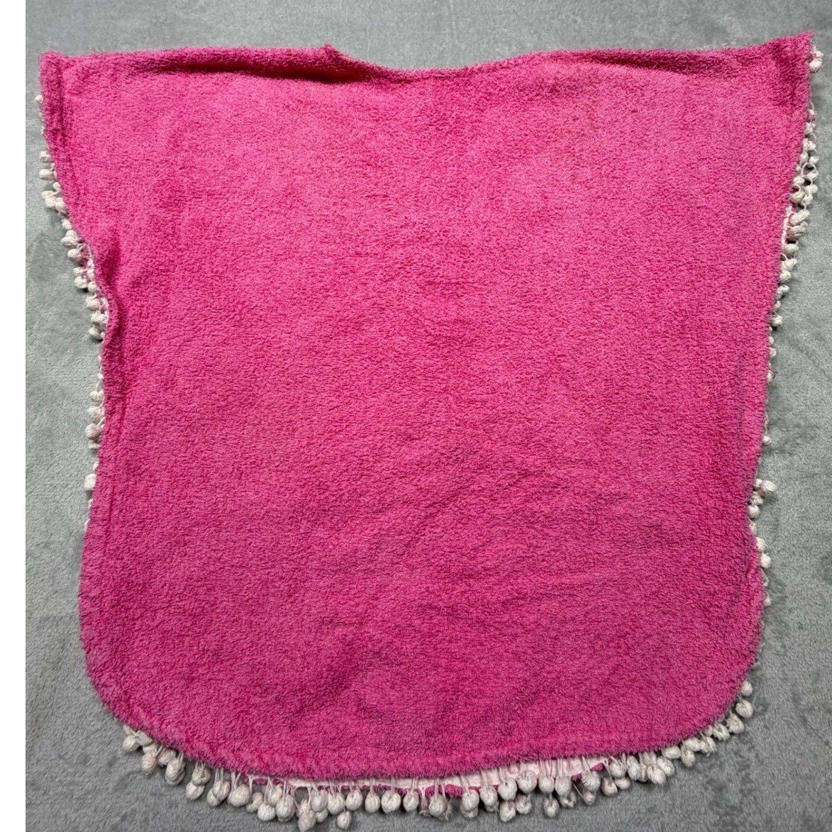 Vintage 70s Hot Pink Terry Cloth Pom Pom Beach Coverup Poncho One Size Cotton