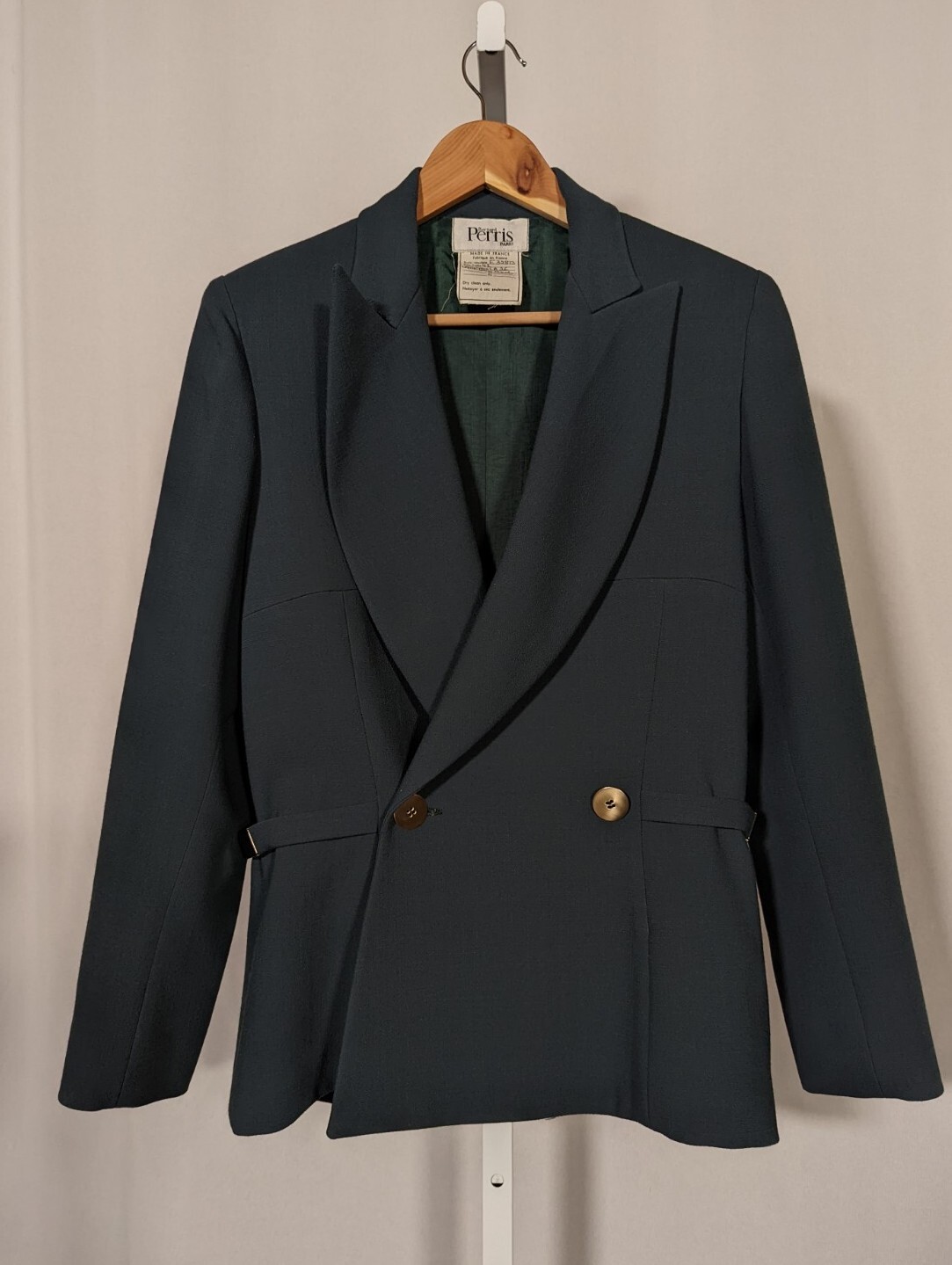 Bernard Perris Paris Vintage 80s Couture Forest Green Jacket Side Strap Hardware