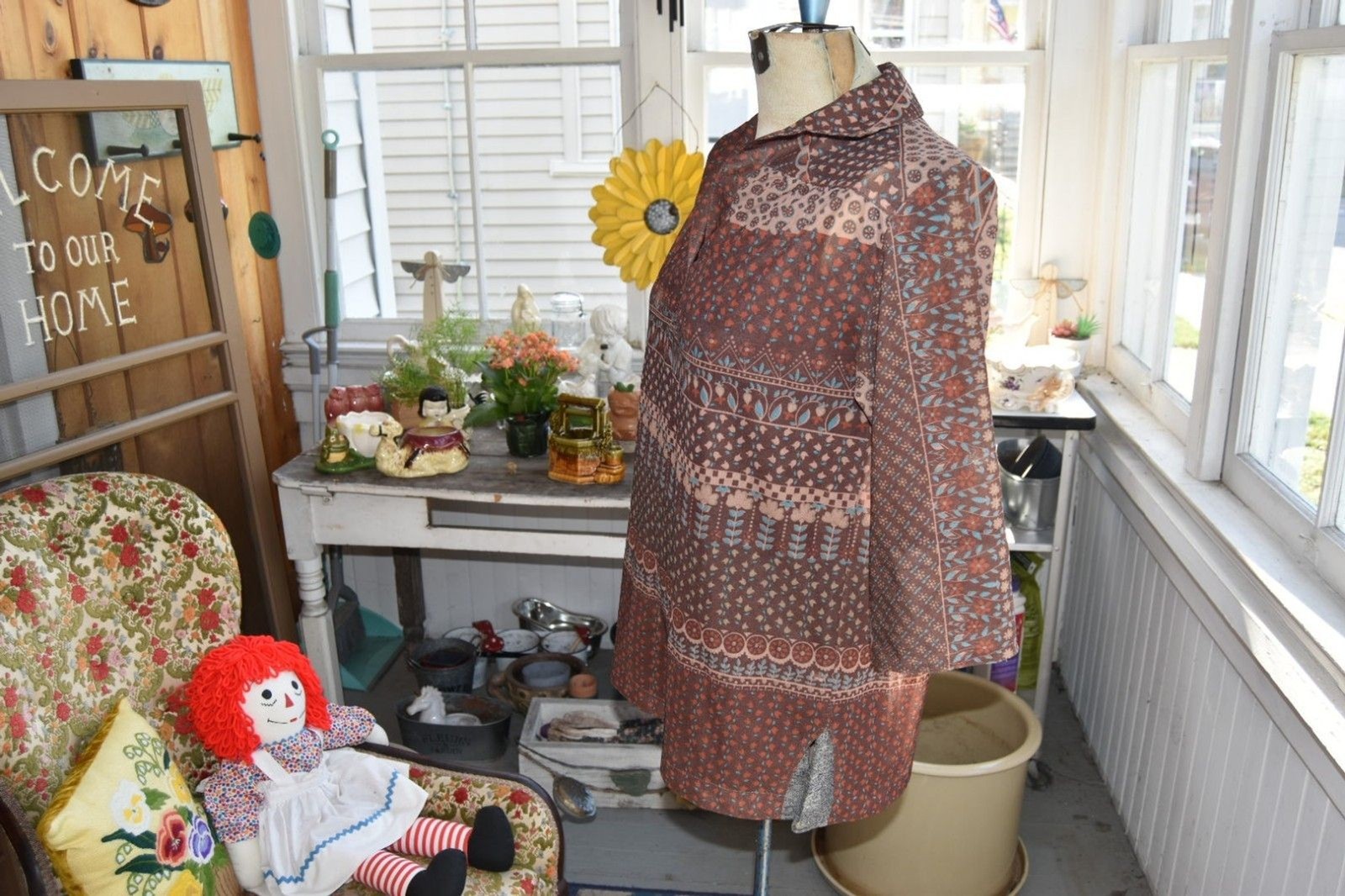 Vintage 1970s Blouse Boho Floral Geometric Print Tunic Sheer Brown M-L