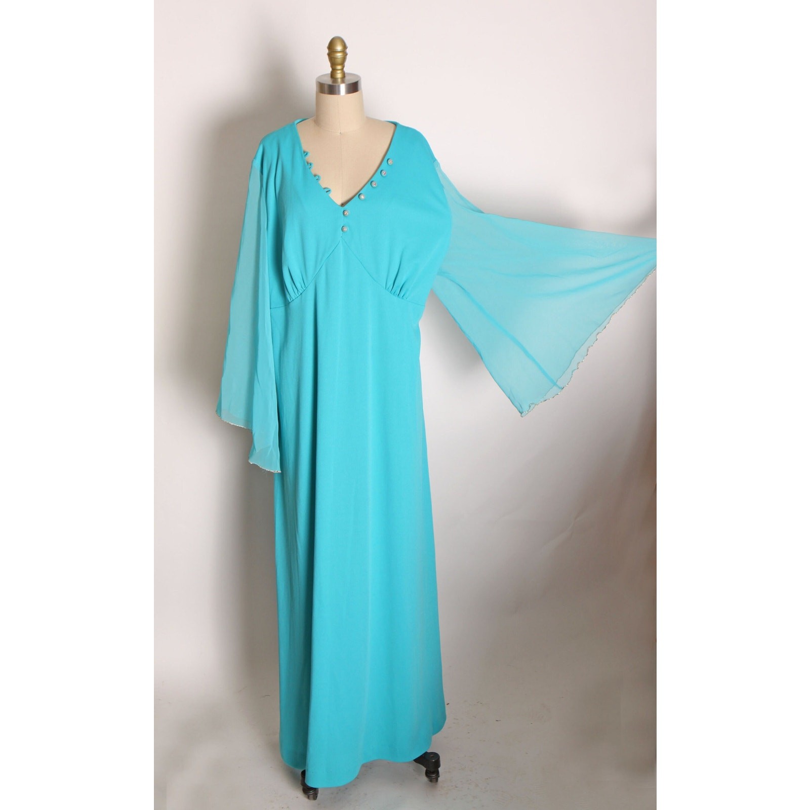 1970s Turquoise Blue Gold Angel Wing Sleeve Formal Plus Size Dress by Lily Lynn