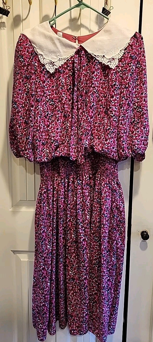 Alison Peters Dress Womens 12 Med Coral Floral Belted Lightweight Lace Collar