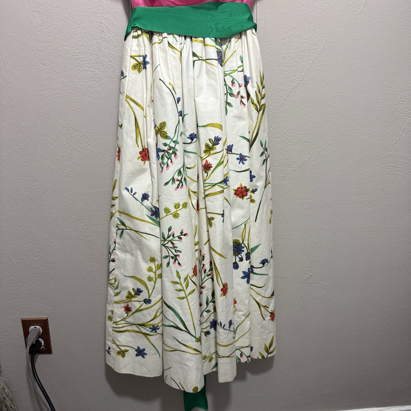 Vintage 70s William Pearson Dress Pink Green Floral Organza Ruffle Gown Sz XS/4