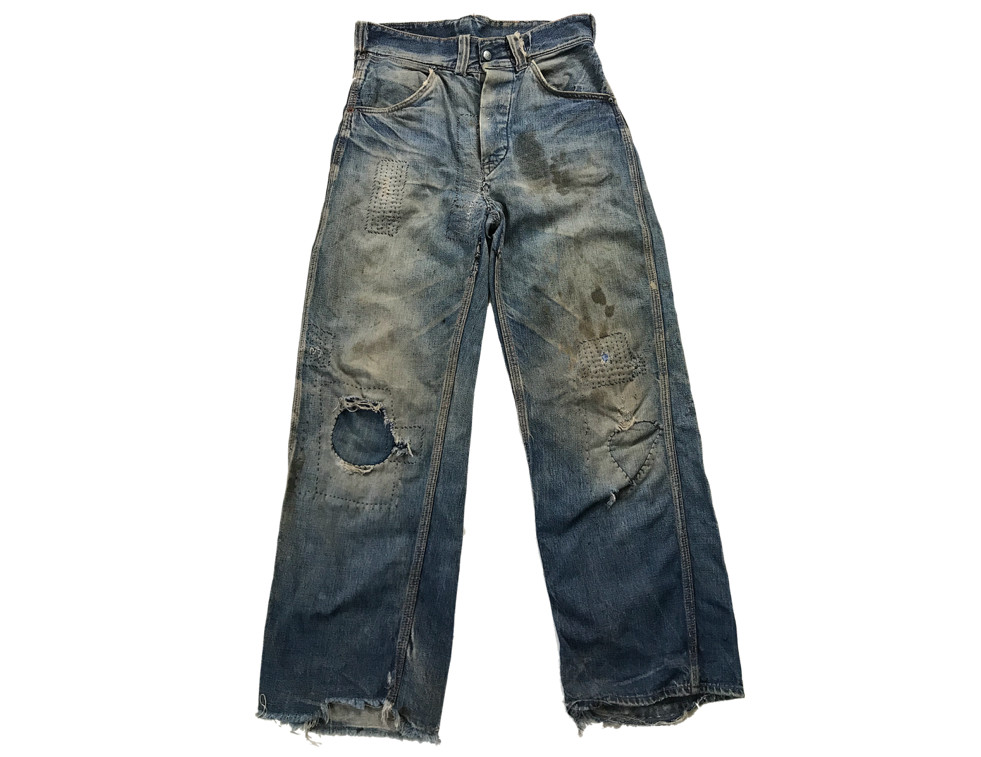 VTG 30’s Indigo Denim Distressed Chore Work Pants Jeans Cinch Sashiko Patchwork