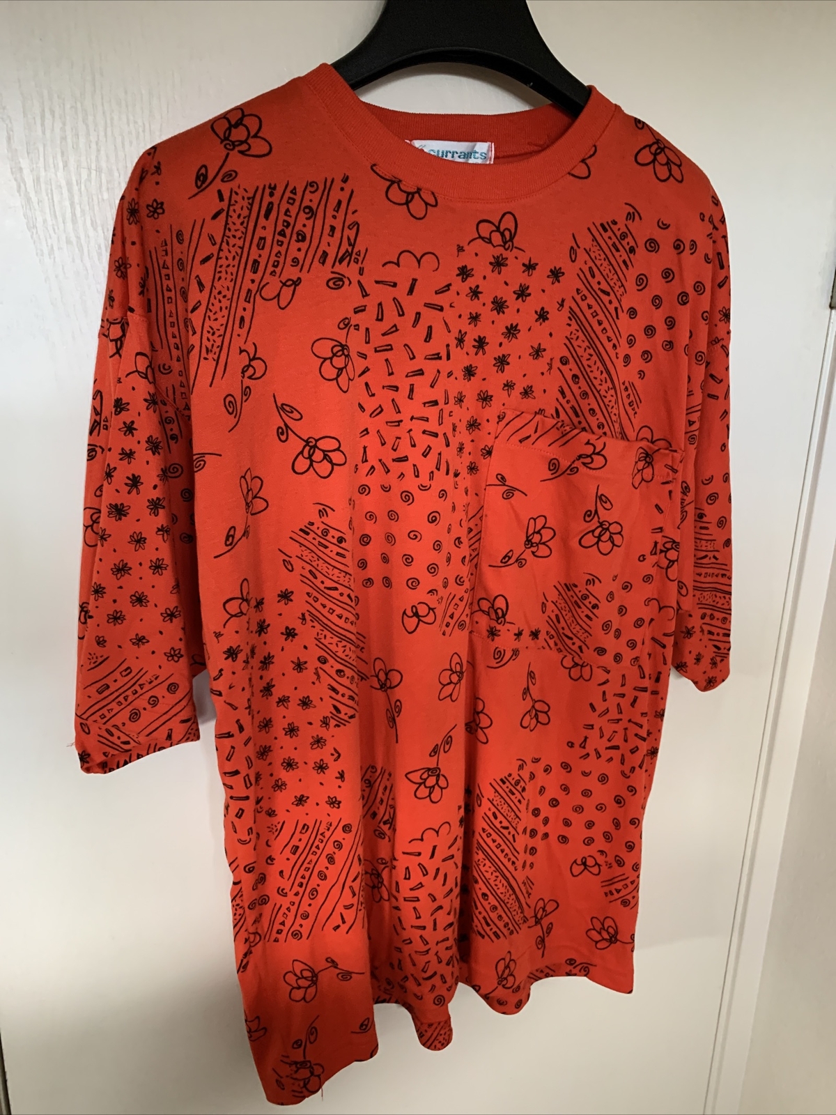 Currants By Jeri-Jo Vintage 1970’s Orange Black Flower Pocket Shirt Women’s Sz L