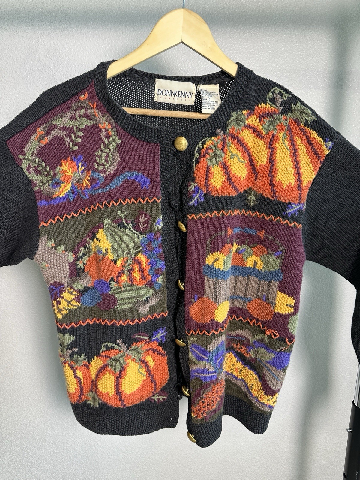 Donnkenny Vintage Knit Fall Themed Cardigan Sweater Women Size L, See Descr