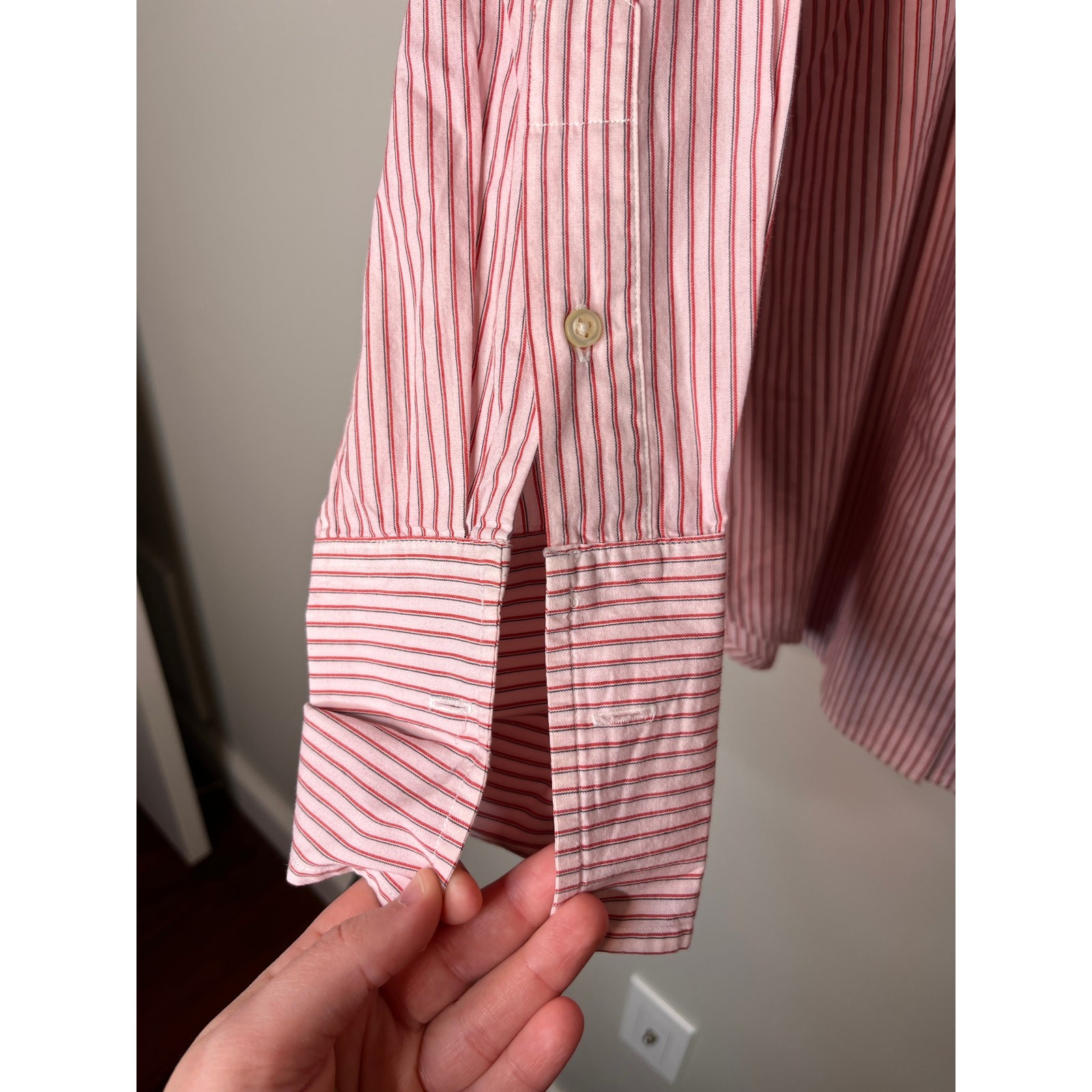 2000s Lauren Ralph Lauren Pink Red Pinstripe Old Money Cuff Links Shirt XL 14