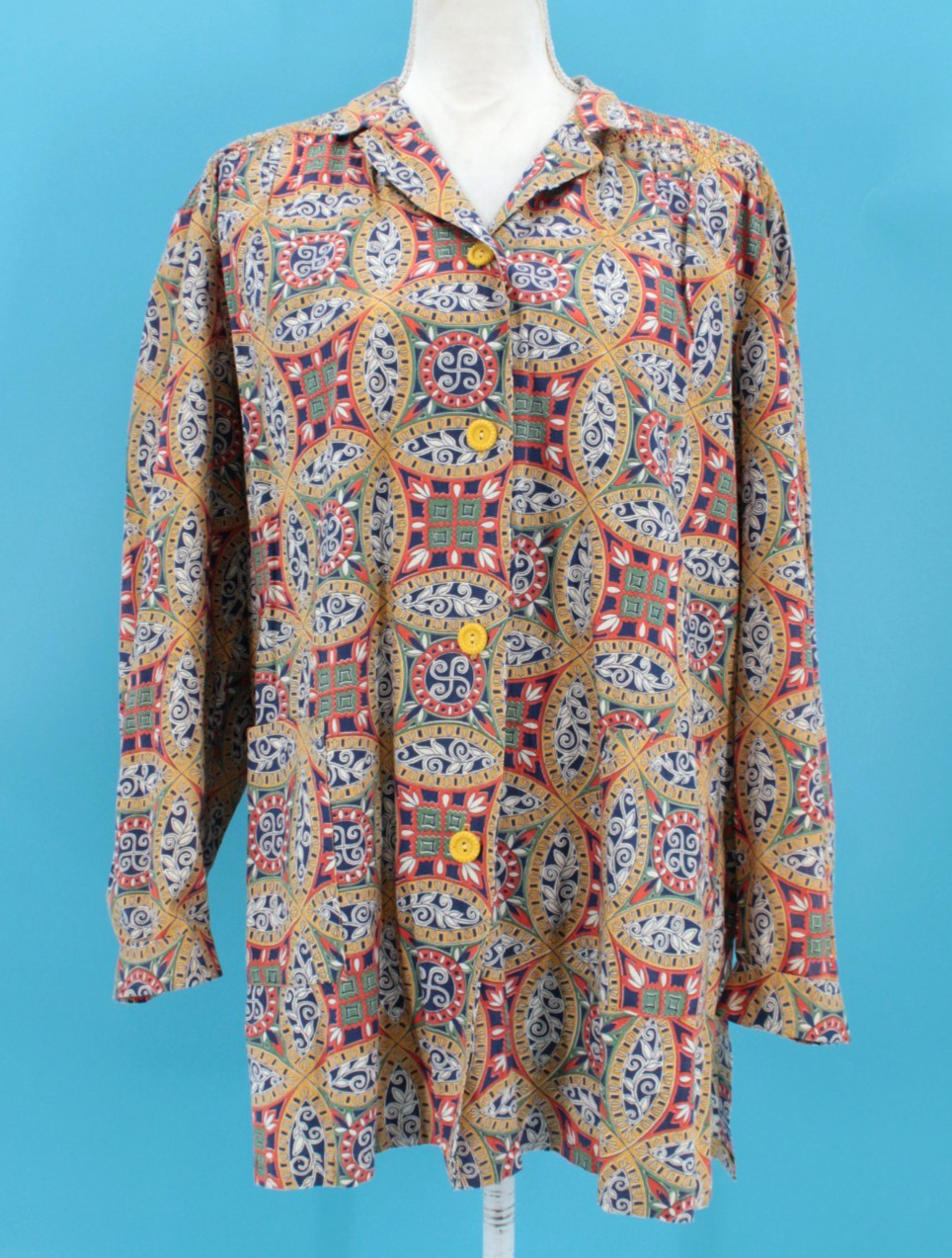 VTG Women’s 40s Colorful Abstract Print Button Front Smock / Shirt Sz M/L 1940s