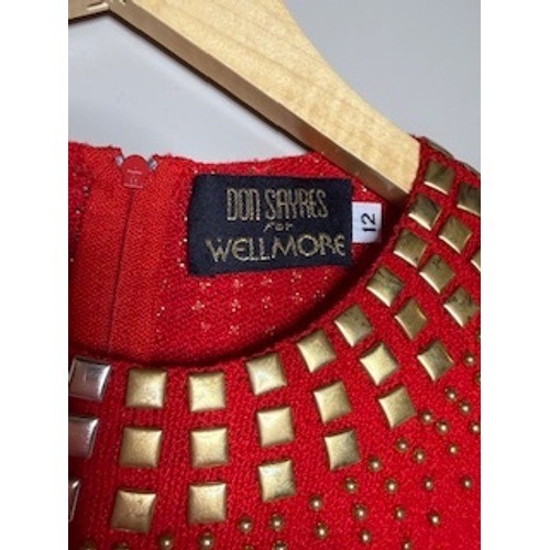 Vintage Don Sayres for Wellmore Red Dress Gold Silver Studded Size 12