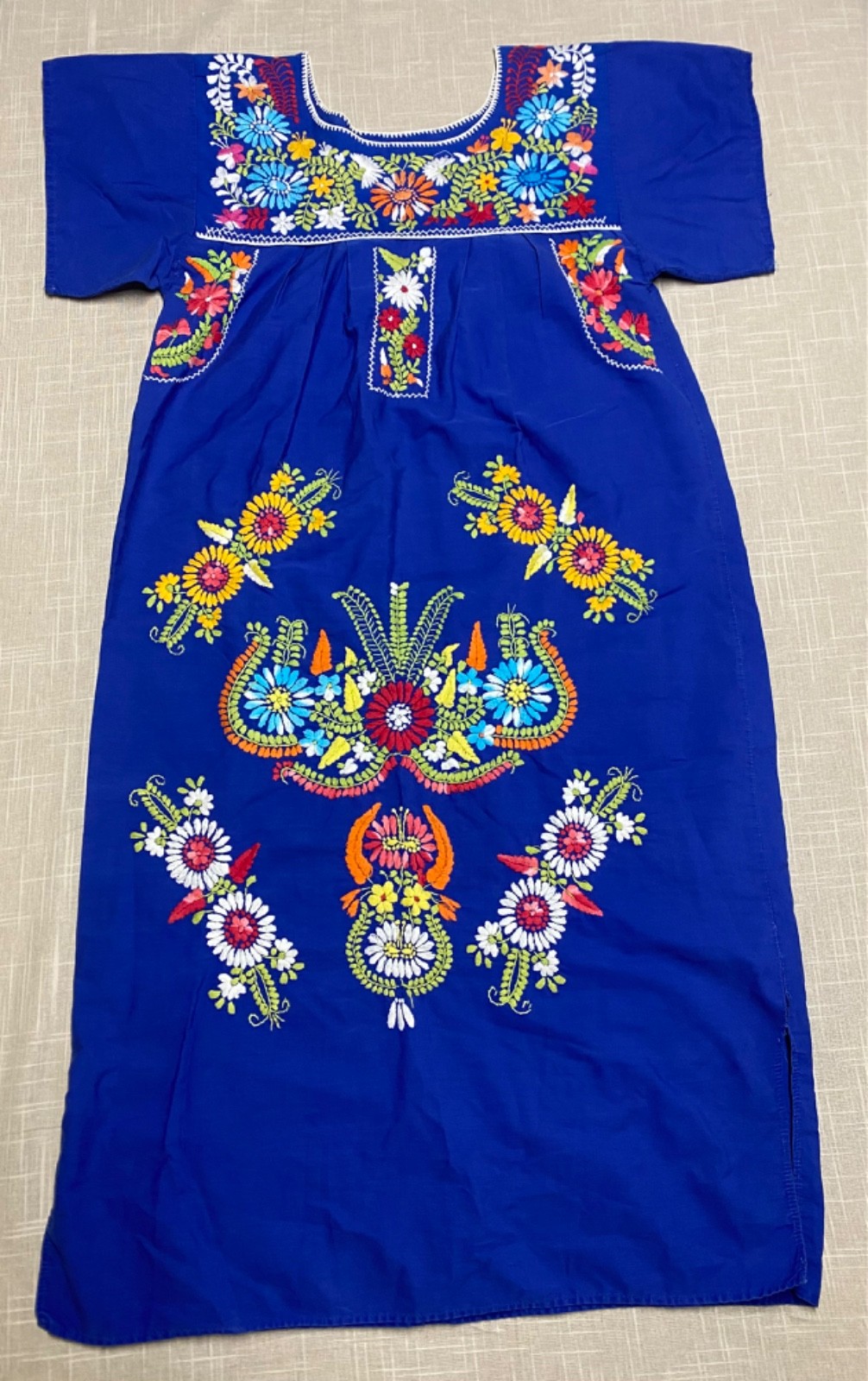 Vintage Nightgown Muumuu House Dress 60s MCM Embroidered Blue Floral Homemade